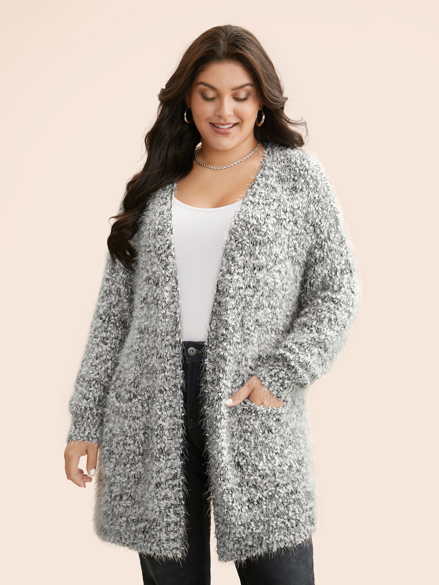 

Plus Size Texture Fluffy Open Front Cardigan LightGray Women Casual Loose Long Sleeve Everyday Cardigans BloomChic