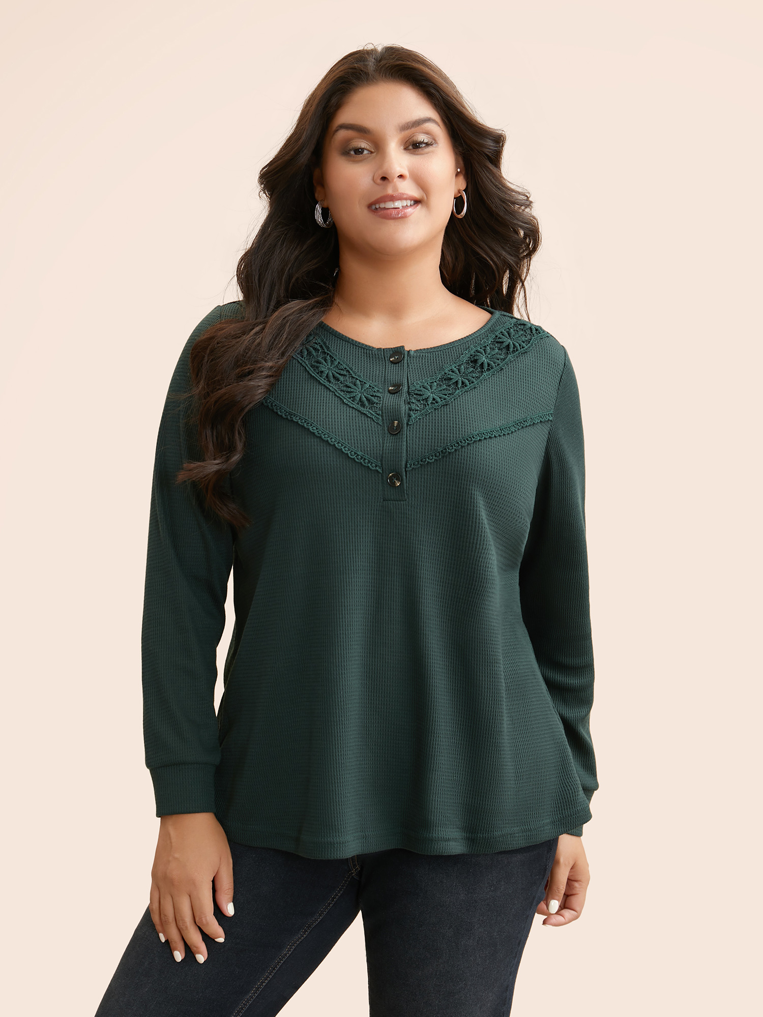 

Plus Size Solid Waffle Knit Lace Trim T-shirt DarkGreen Women Casual Woven ribbon&lace trim Round Neck Everyday T-shirts BloomChic