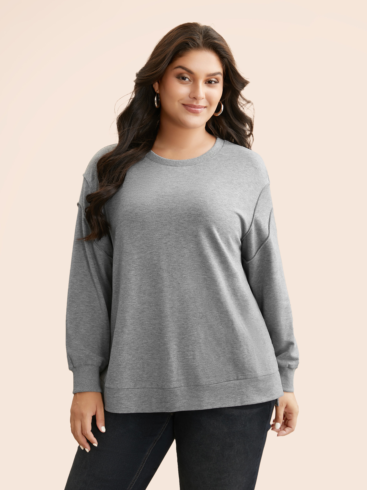 

Plus Size Round Neck Tucked Seam Slit Hem Sweatshirt Women Mediumgray Casual Tucked seam Round Neck Everyday Sweatshirts BloomChic