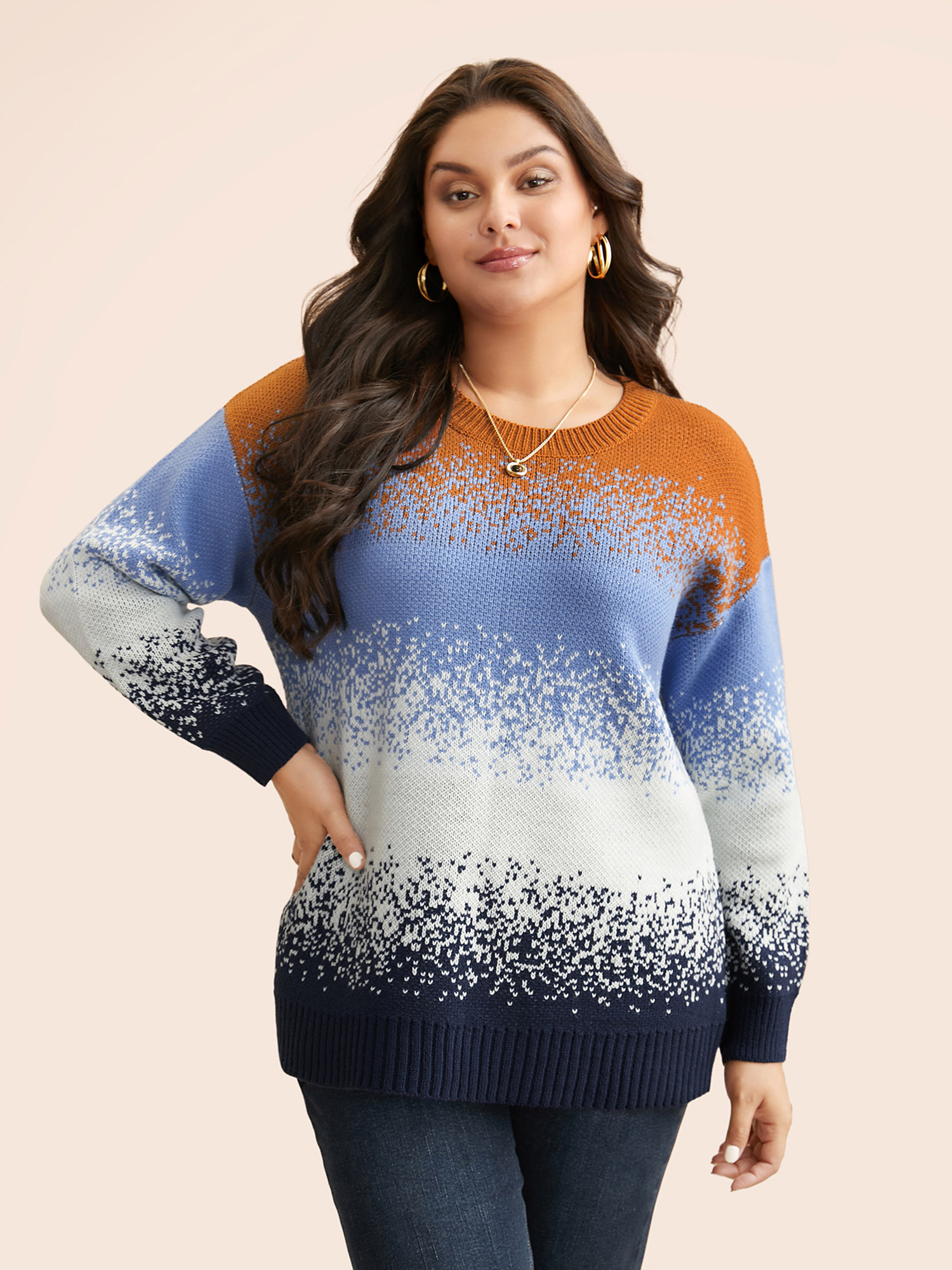 

Plus Size Gradient Dyeing Contrast Drop Shoulder Pullover Indigo Women Casual Loose Long Sleeve Round Neck Everyday Pullovers BloomChic