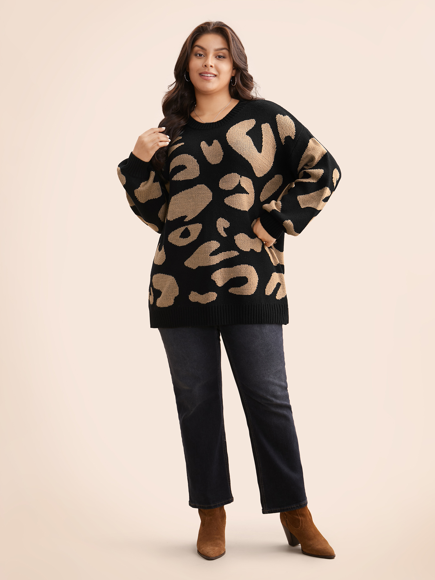 

Plus Size Leopard Print Drop Shoulder Sleeve Pullover Black Women Casual Loose Long Sleeve Round Neck Everyday Pullovers BloomChic