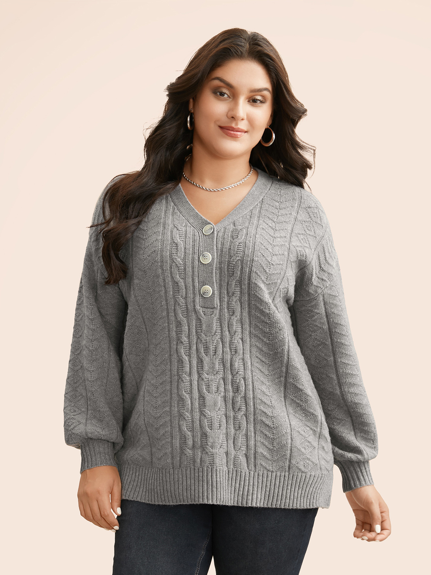 

Plus Size Supersoft Essentials Cable Knit Button Up Pullover Mediumgray Women Casual Loose Long Sleeve V-neck Everyday Pullovers BloomChic