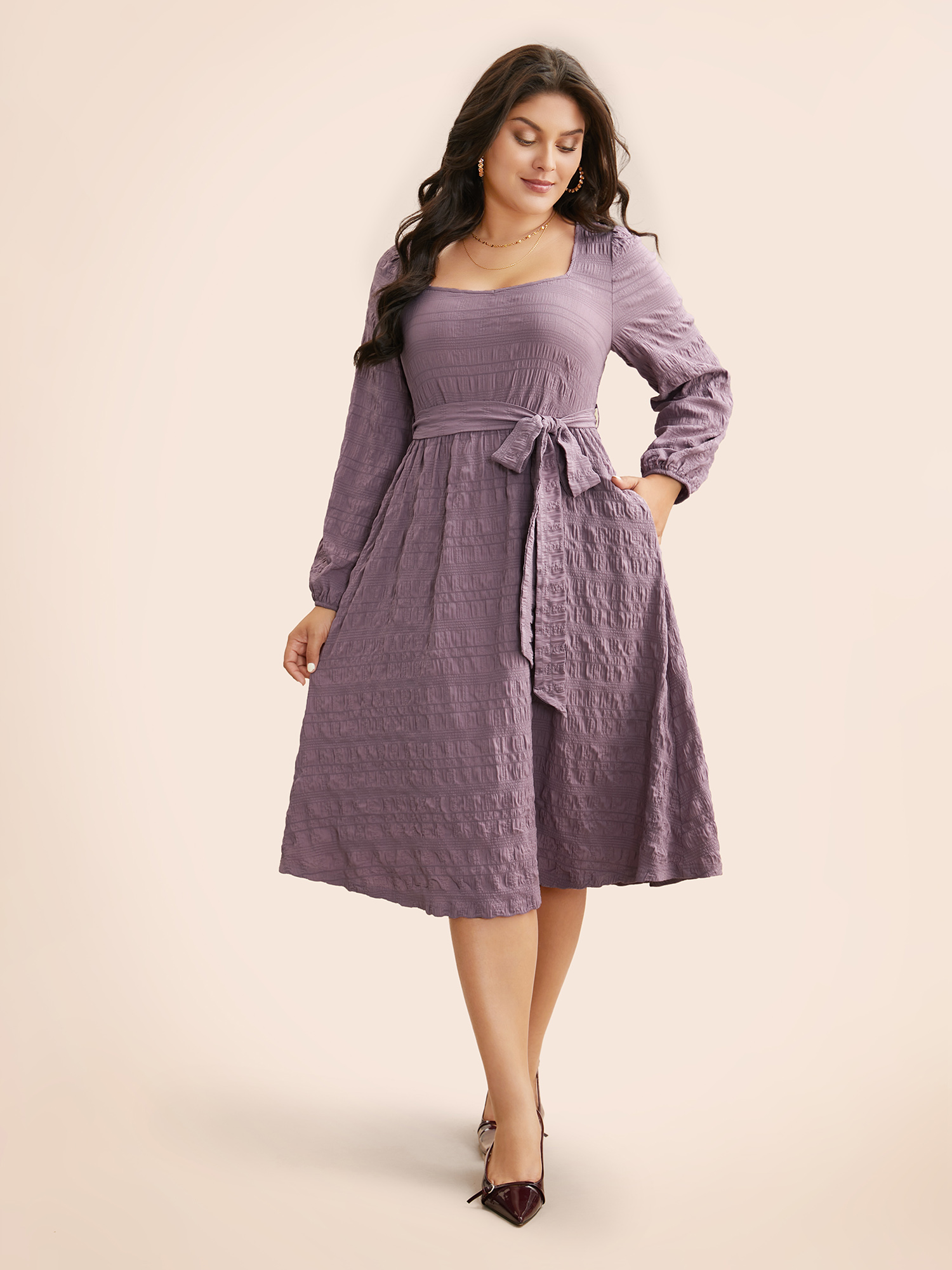 

Plus Size Square Neck Plain Textured Belted Dress Mauve Women Elegant Texture Square Neck Long Sleeve Curvy BloomChic