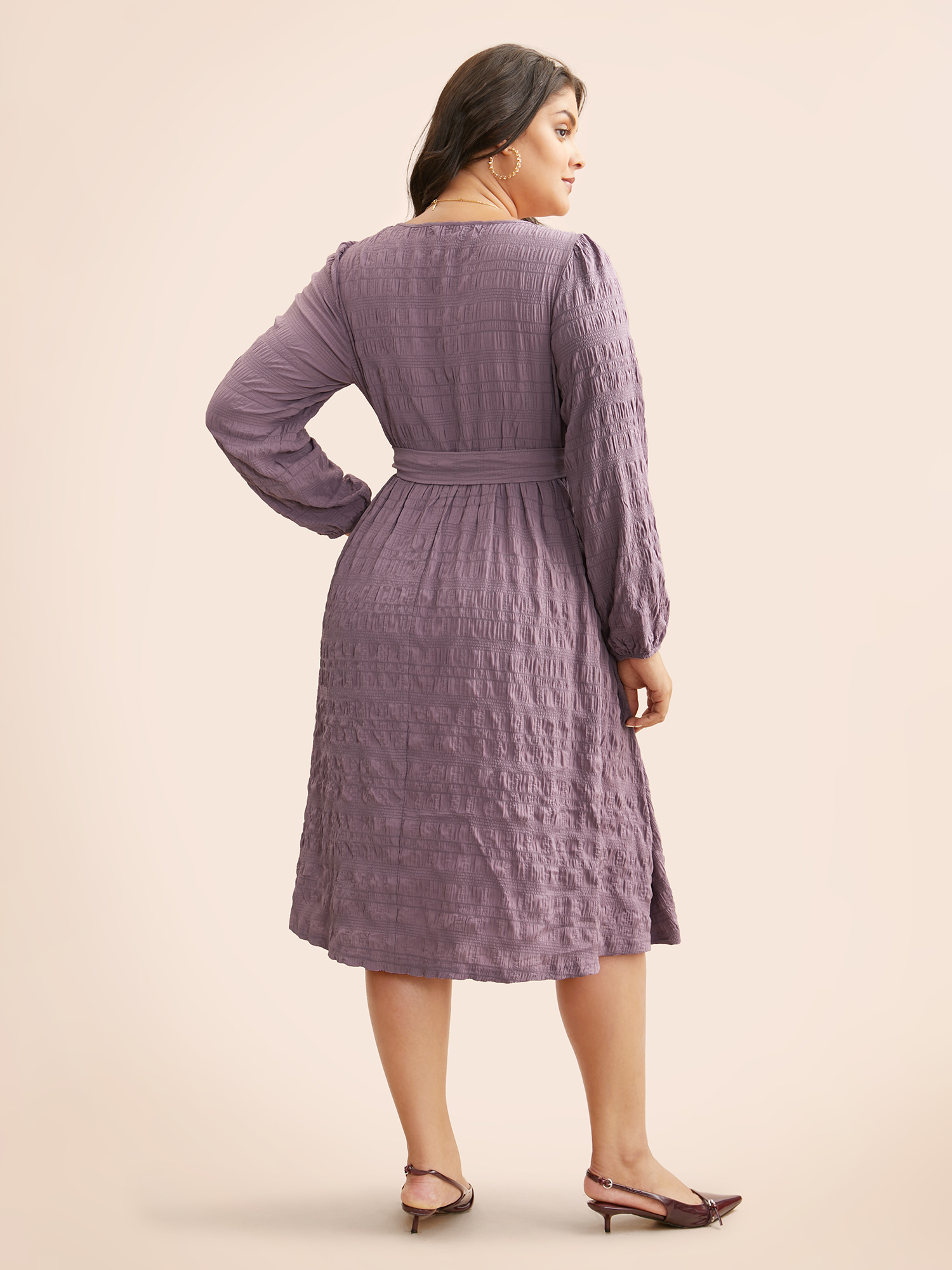 

Plus Size Square Neck Plain Textured Belted Dress Mauve Women Elegant Texture Square Neck Long Sleeve Curvy BloomChic