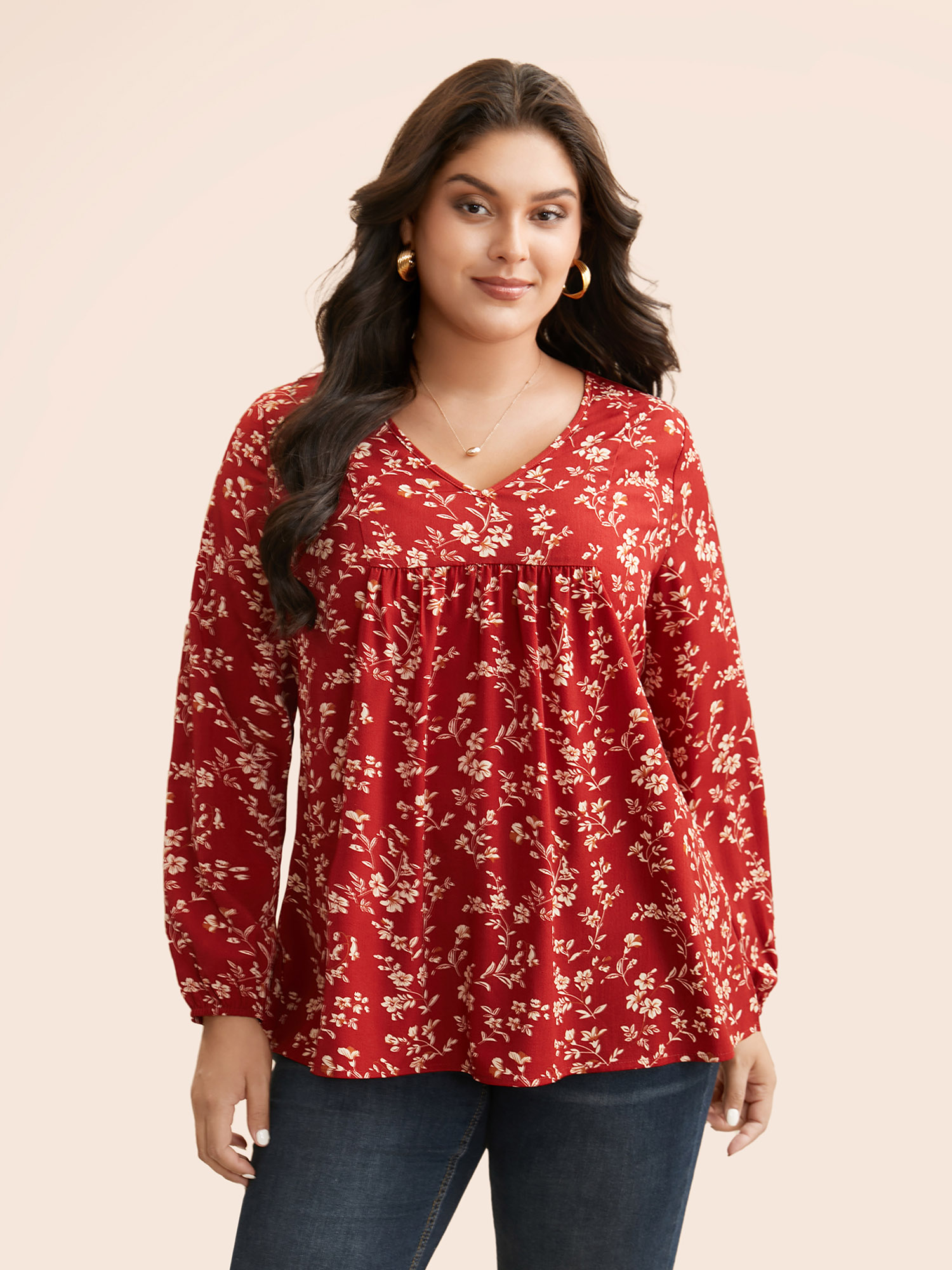 

Plus Size Scarlet Ditsy Floral Split Hem Gathered Blouse Women Elegant Extra Long Sleeve V-neck Everyday Blouses BloomChic