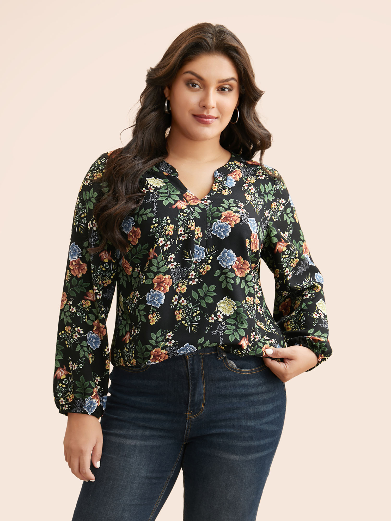 

Plus Size Black Floral Notched Pleated Lantern Sleeve Blouse Women Elegant Extra Long Sleeve Notched collar Everyday Blouses BloomChic