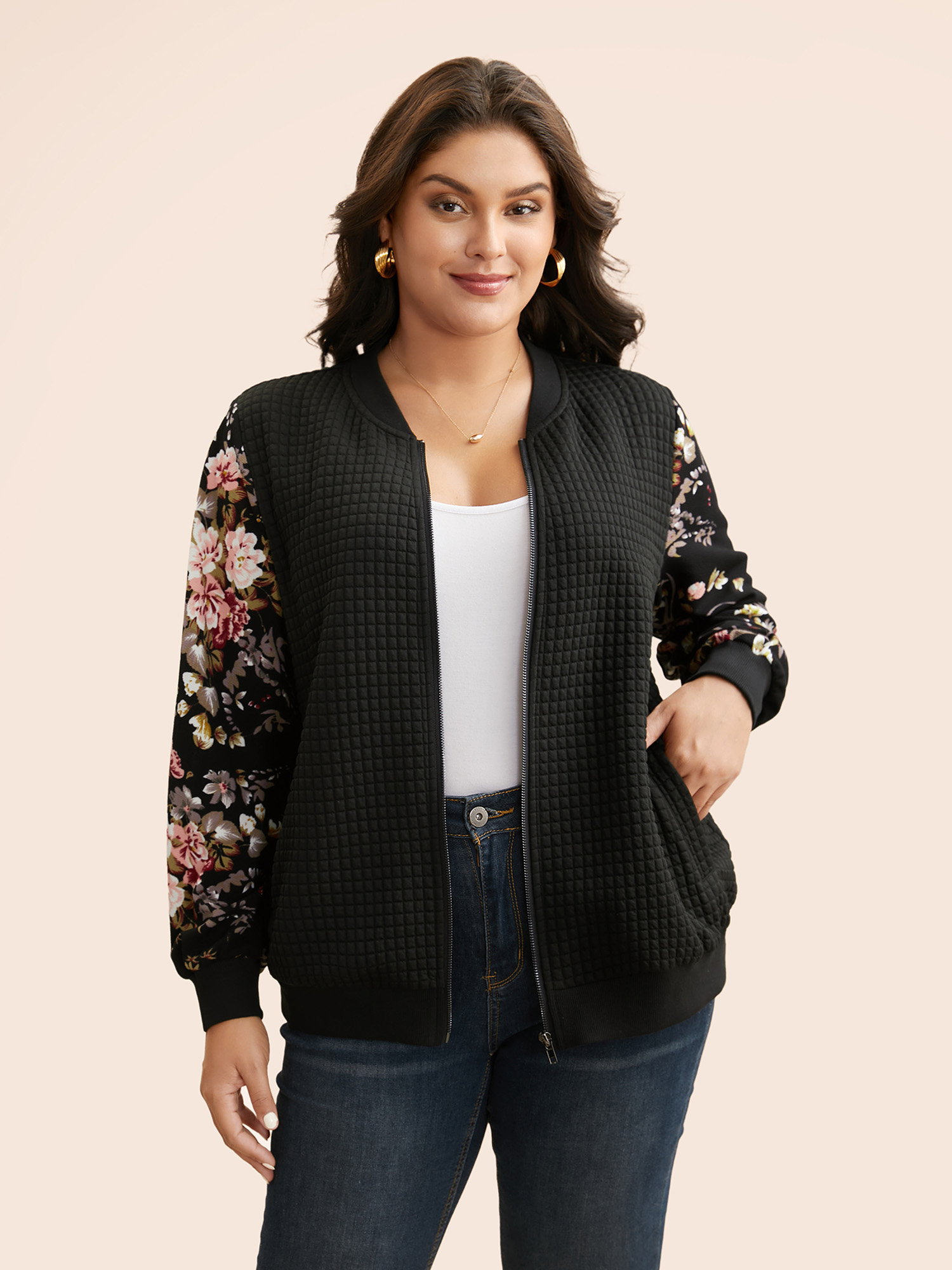 

Plus Size Natural Flowers Patchwork Texture Jacket Women Black Texture Slanted pocket Everyday Jackets BloomChic