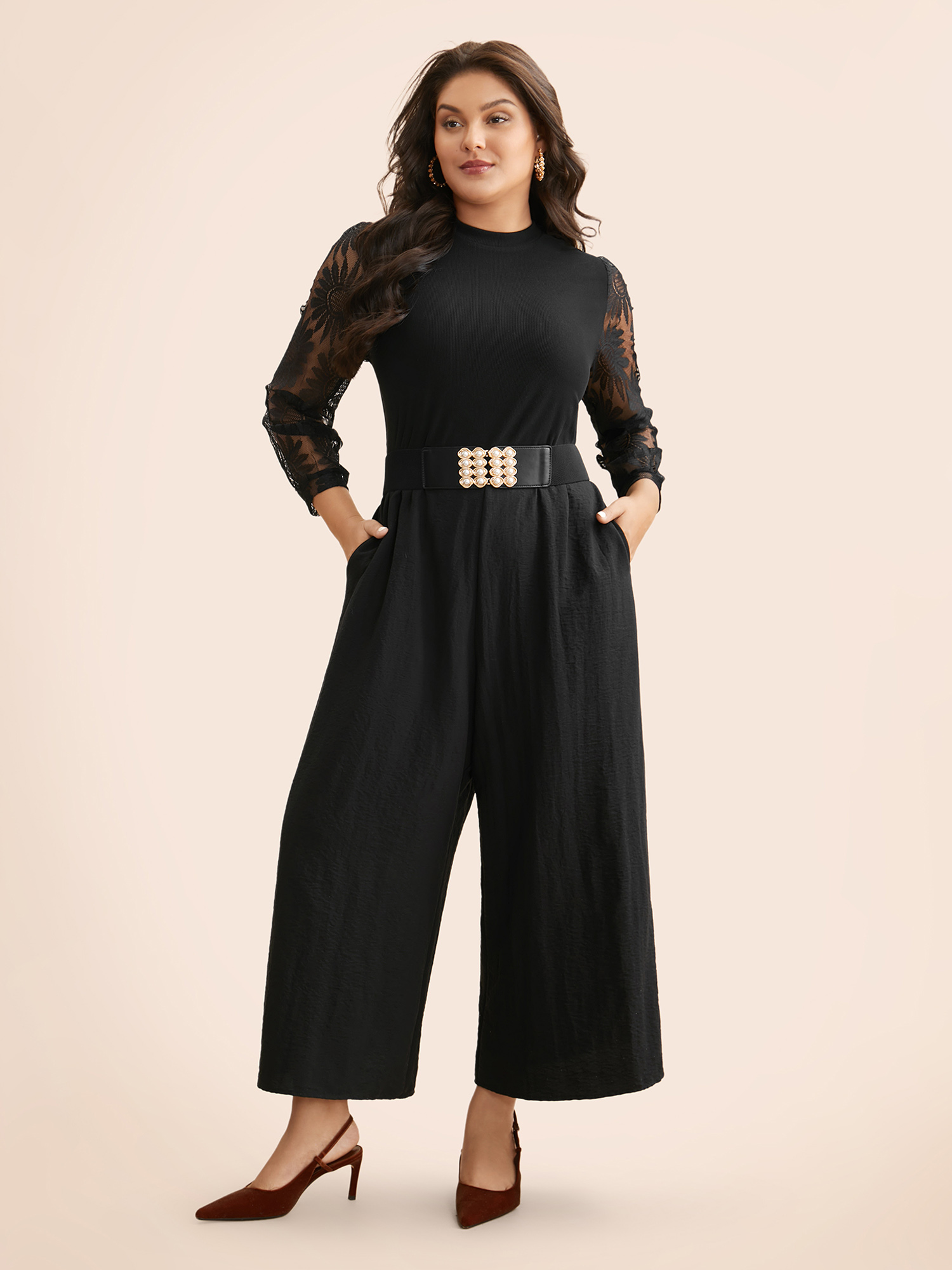 

Plus Size Black Crochet Lace Mesh Mock Neck Jumpsuit Women Elegant Long Sleeve Mock Neck Everyday Loose Jumpsuits BloomChic