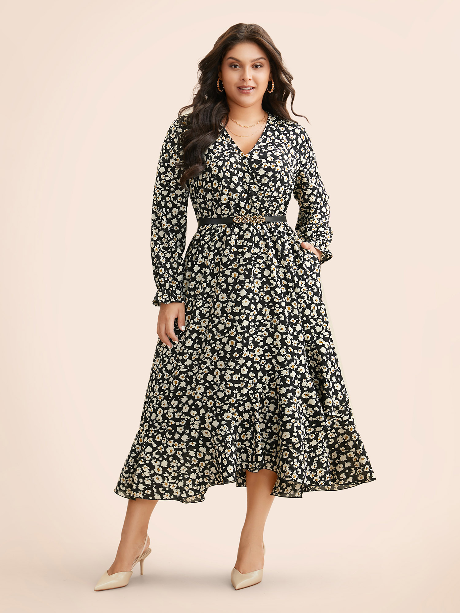 

Plus Size Ditsy Floral Overlap Collar Midi Dress Black Women Elegant Overlapping Overlap Collar Long Sleeve Curvy BloomChic