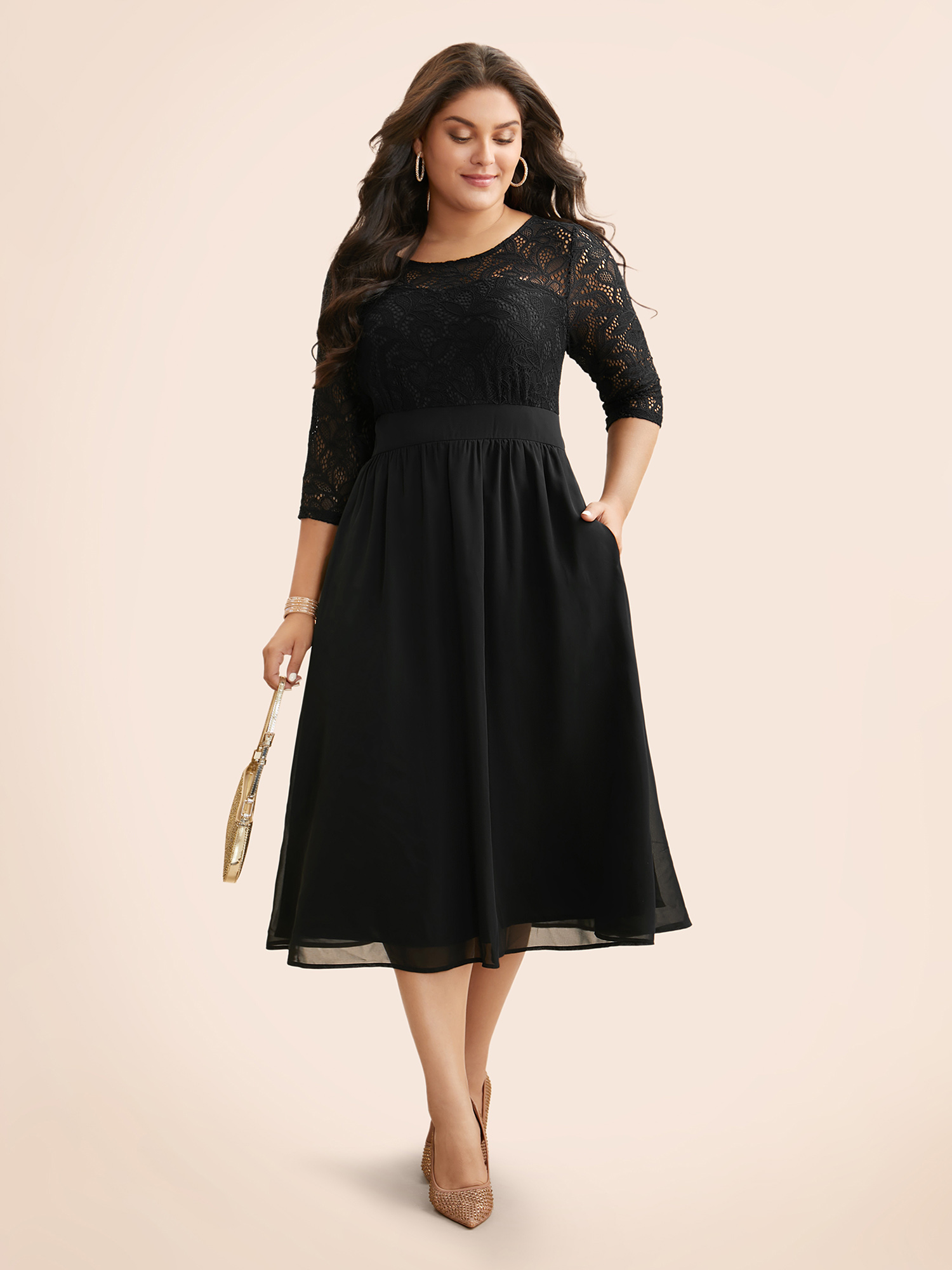 

Plus Size Lace Patchwork Shirred Midi Pocket Dress Black Women Cocktail Woven ribbon&lace trim Round Neck Elbow-length sleeve Curvy BloomChic