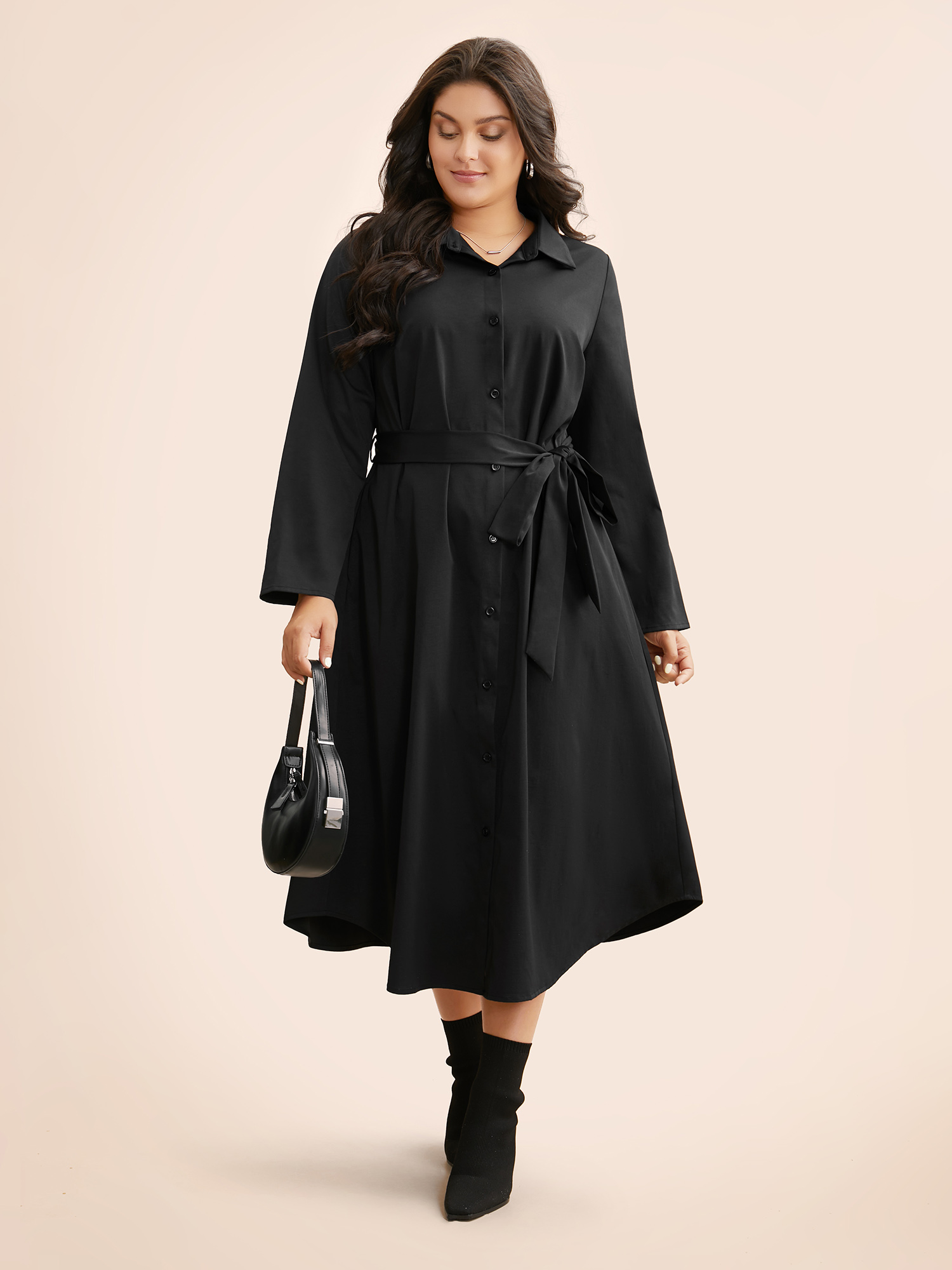 

Plus Size Shirt Collar Curved Hem Midi Dress Black Women At the Office Belted Shirt collar Long Sleeve Curvy BloomChic