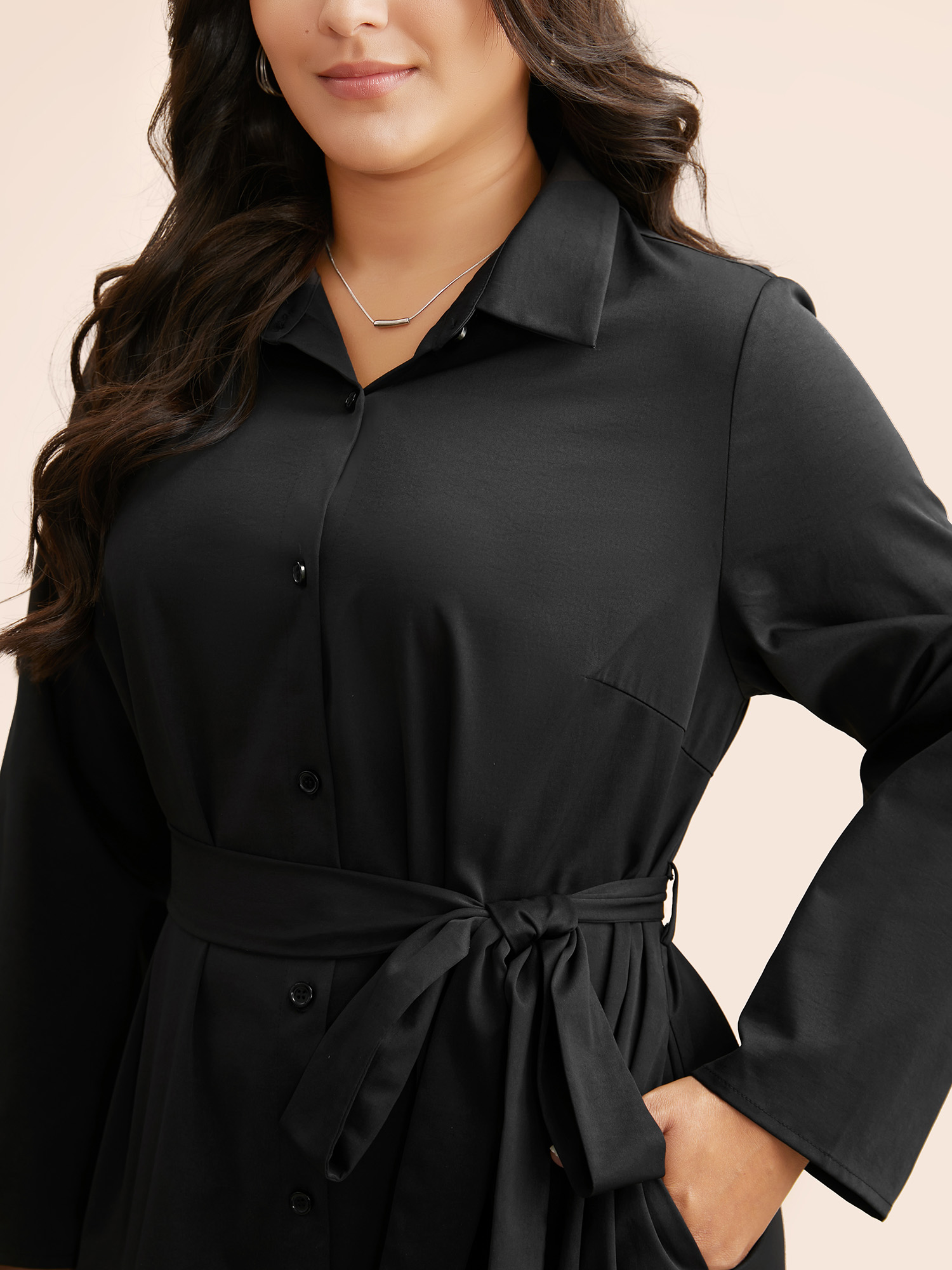 

Plus Size Shirt Collar Curved Hem Midi Dress Black Women At the Office Belted Shirt collar Long Sleeve Curvy BloomChic