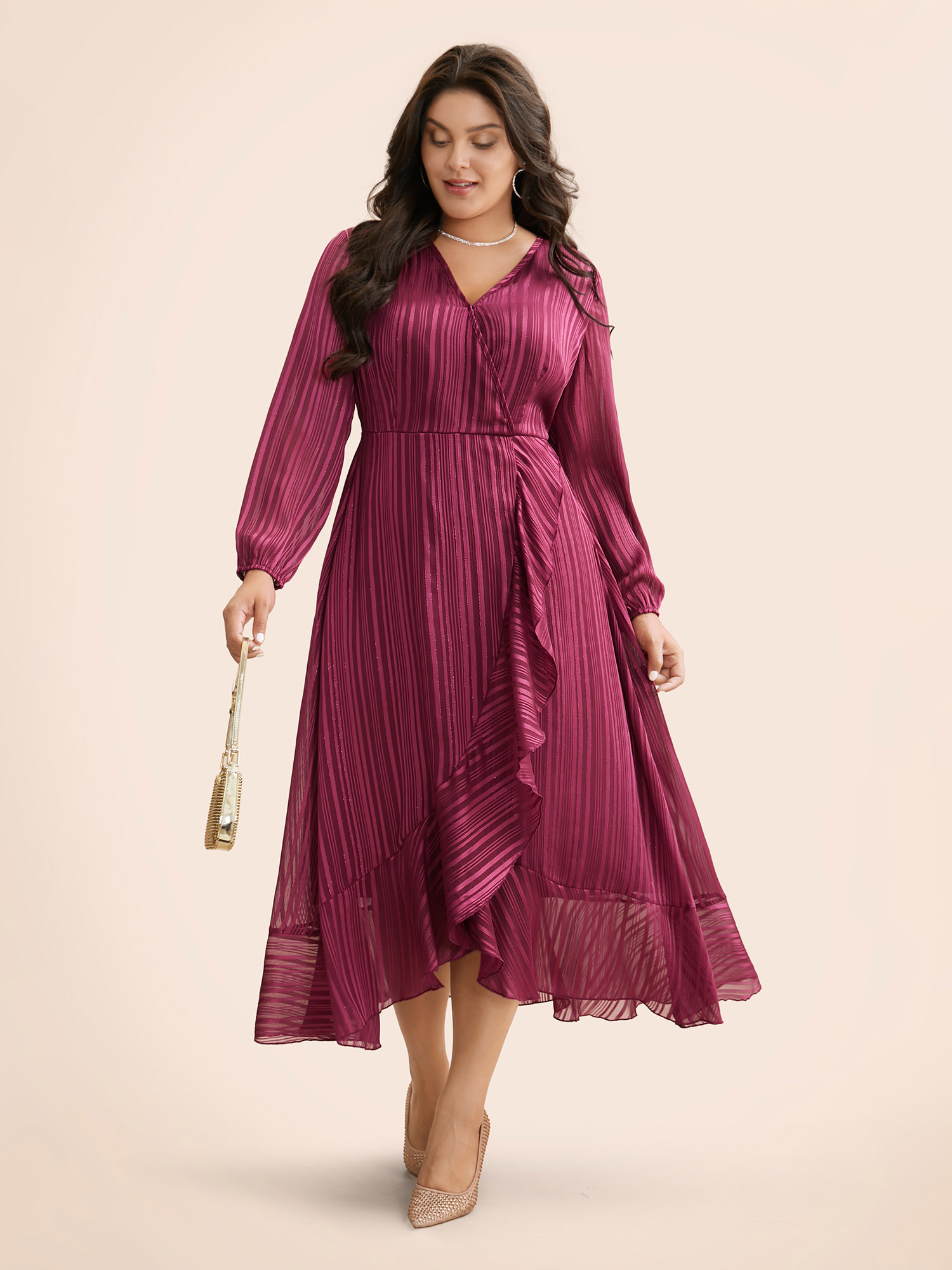 

Plus Size Chiffon Overlap Collar Ruffle Trim Dress RedViolet Women Cocktail Texture Party Curvy Bloomchic