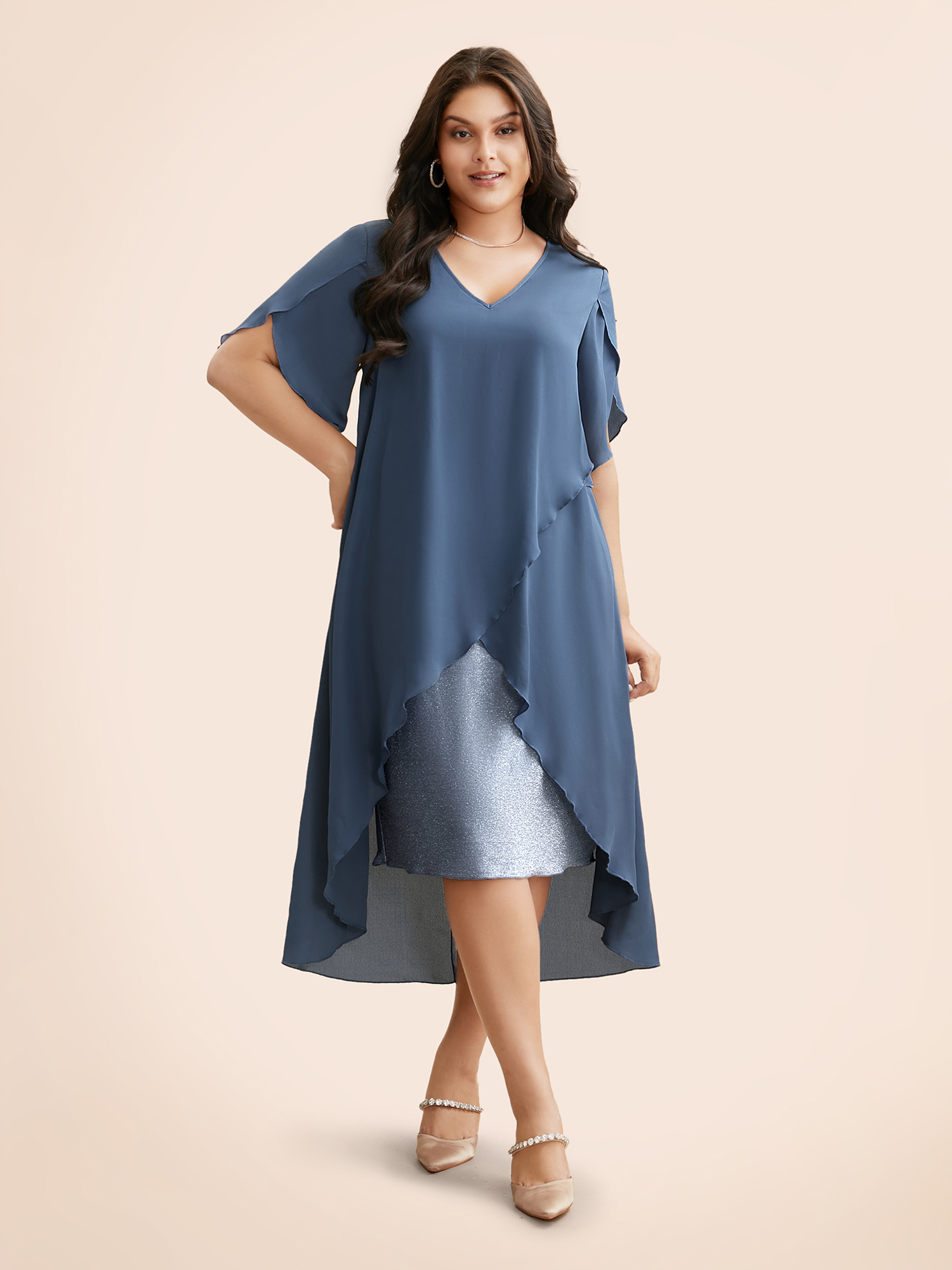 

Plus Size Solid Petal Sleeve Tiered Hem Dress Stone Women Cocktail Overlapping Party Curvy Bloomchic