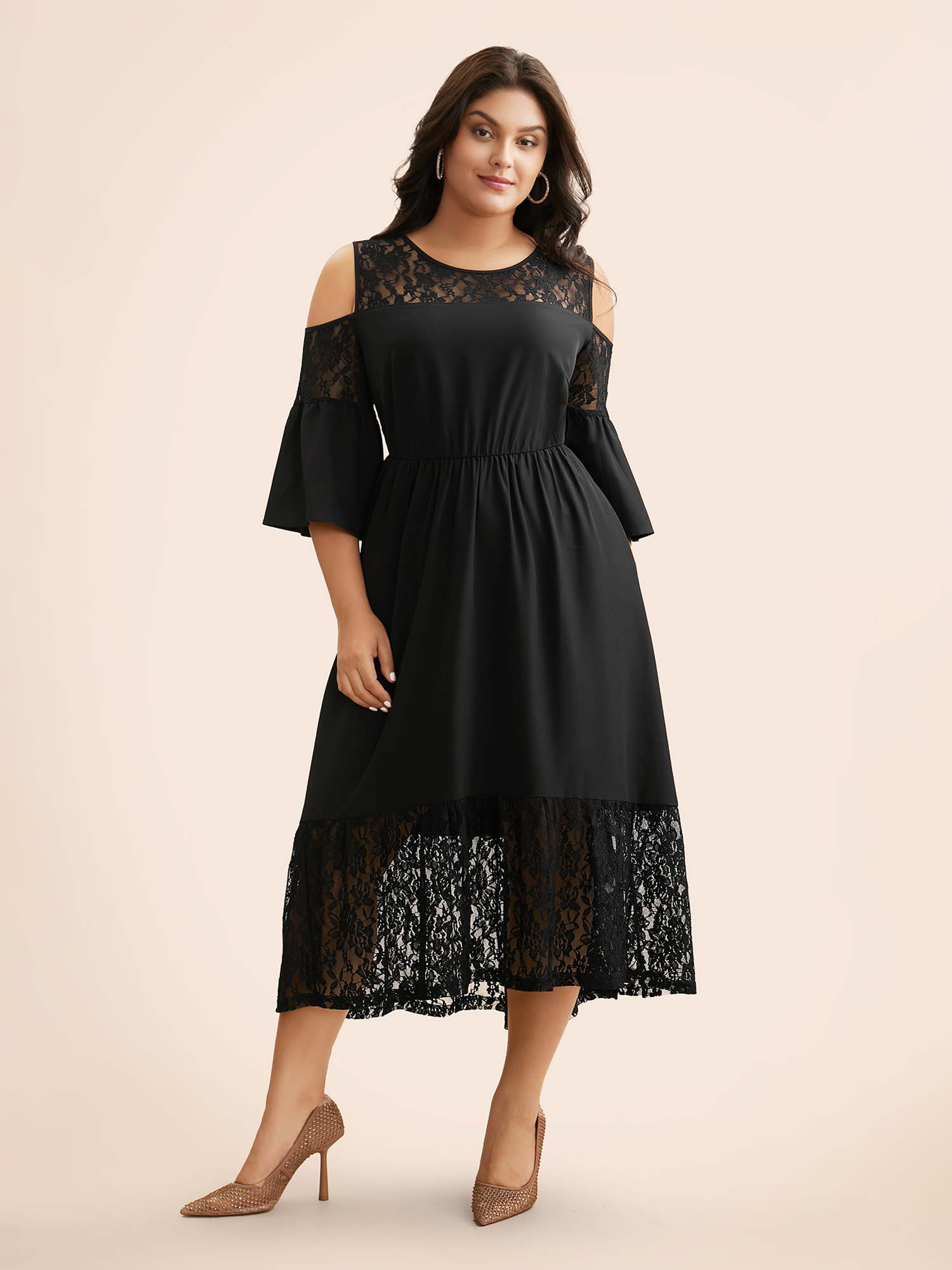 

Plus Size Crochet Lace Mesh Ruffle Sleeve Dress Black Women Cocktail Woven ribbon&lace trim Round Neck Elbow-length sleeve Curvy BloomChic