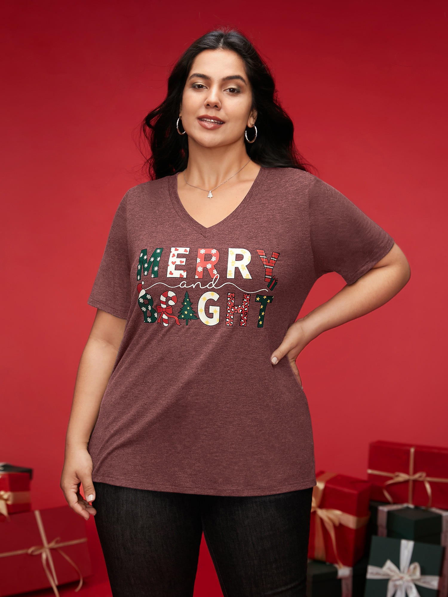 

Plus Size Merry & Bright Slogan Slim-FIt Tee Scarlet Women Casual Non Christmas V-neck Everyday T-shirts BloomChic