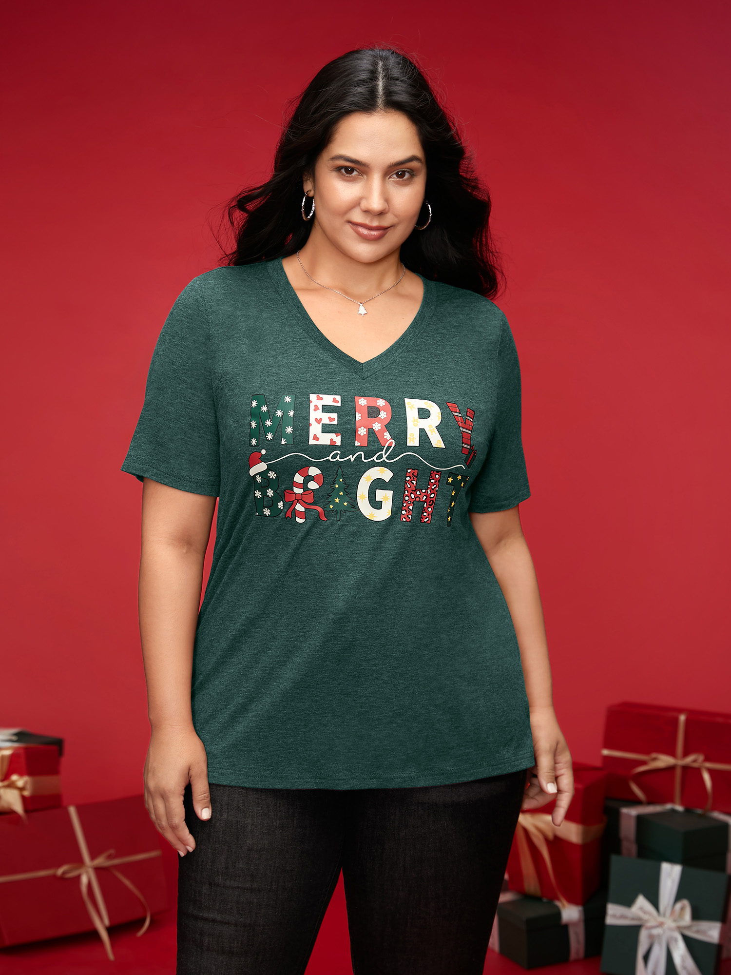 

Plus Size Merry & Bright Slogan Slim-FIt Tee DarkGreen Women Casual Non Christmas V-neck Everyday T-shirts BloomChic