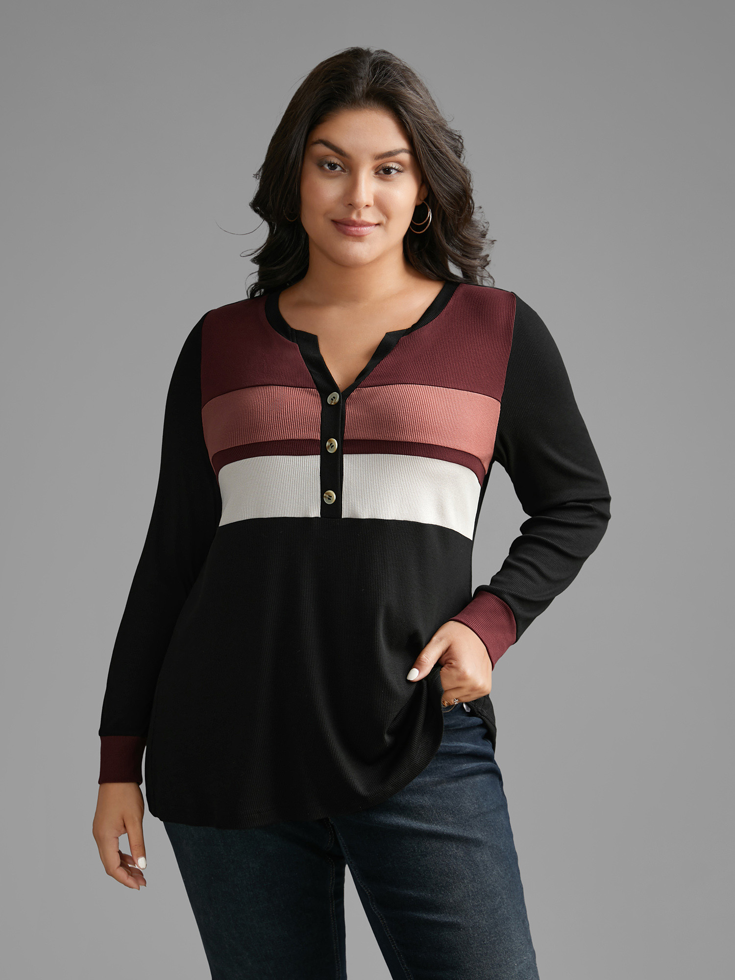 Plus Size Notched Collar Contrast Patchwork Button Up T-shirt Multicolor Women Casual Contrast Notched collar Everyday T-shirts BloomChic 10/M 
