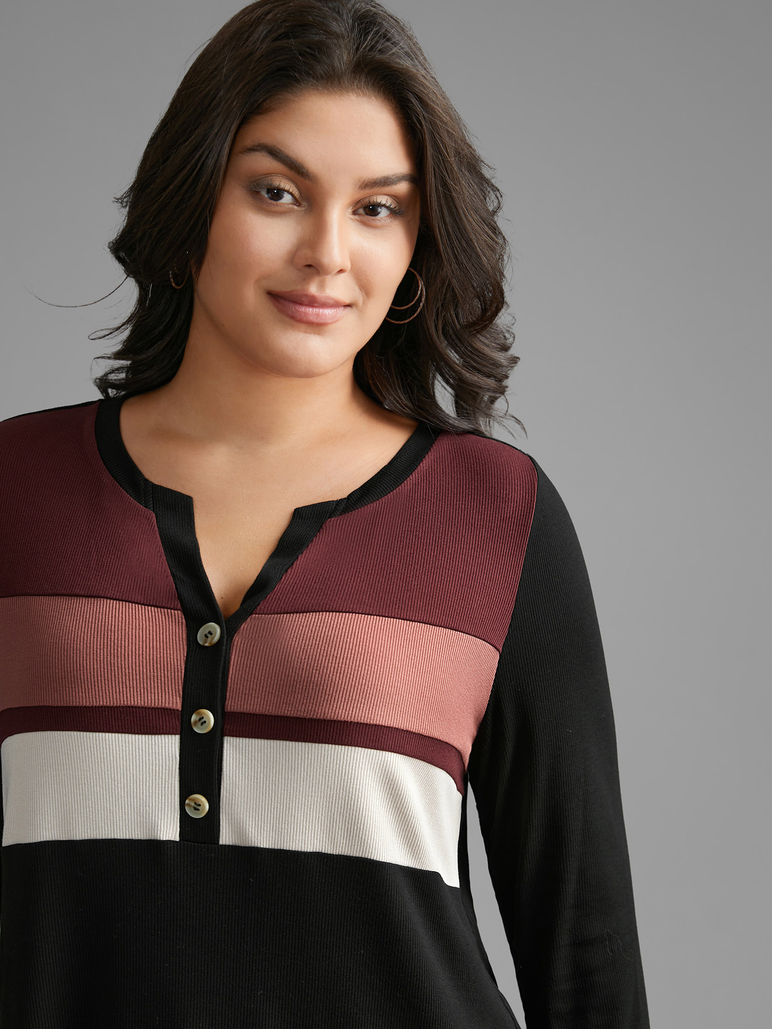 Plus Size Notched Collar Contrast Patchwork Button Up T-shirt Multicolor Women Casual Contrast Notched collar Everyday T-shirts BloomChic 10/M 