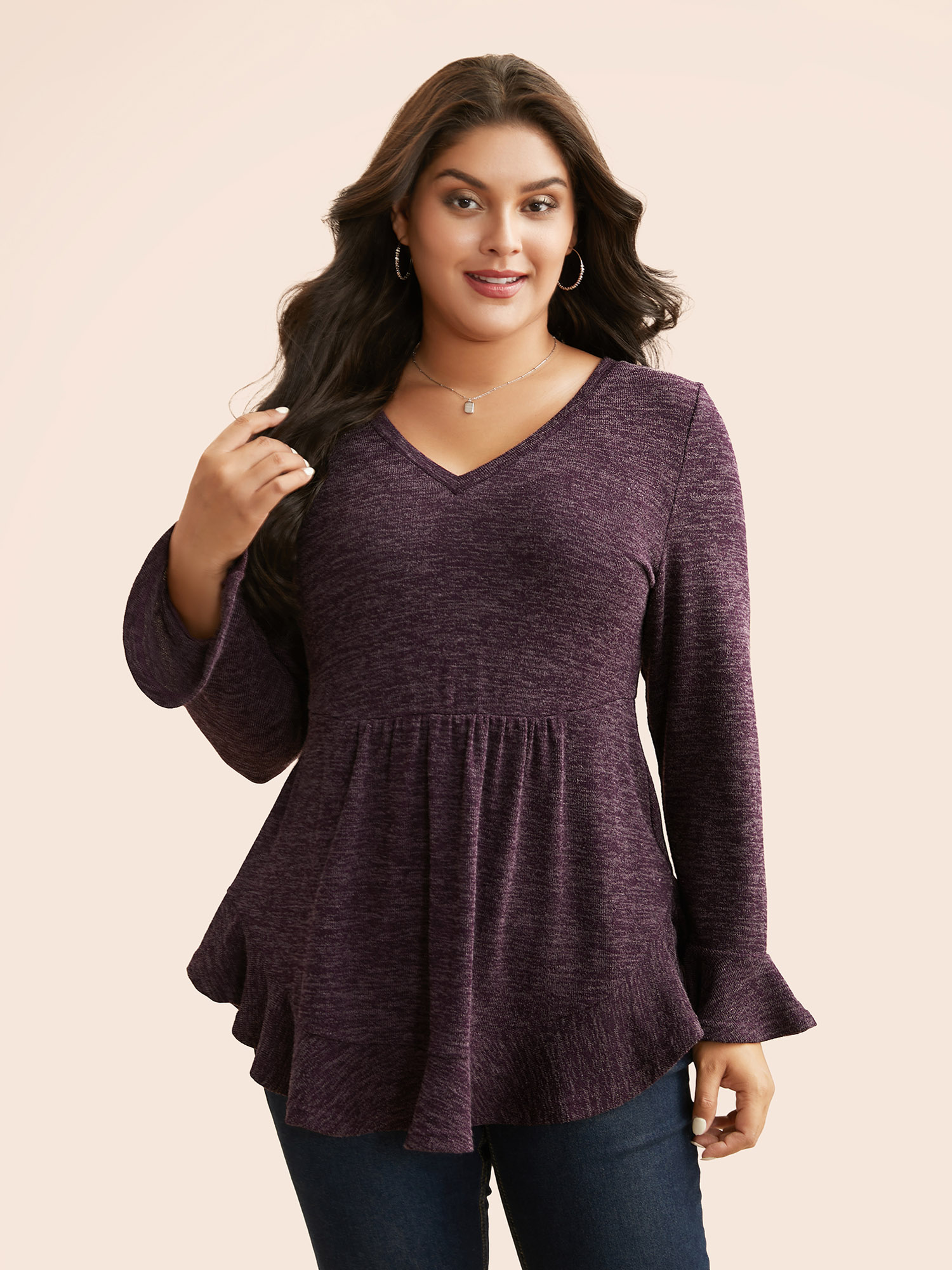 

Plus Size Heather Ruffle Sleeve Arc Hem Jersey Top Eggplant V-neck Extra Long Sleeve Casual Jersey Tops