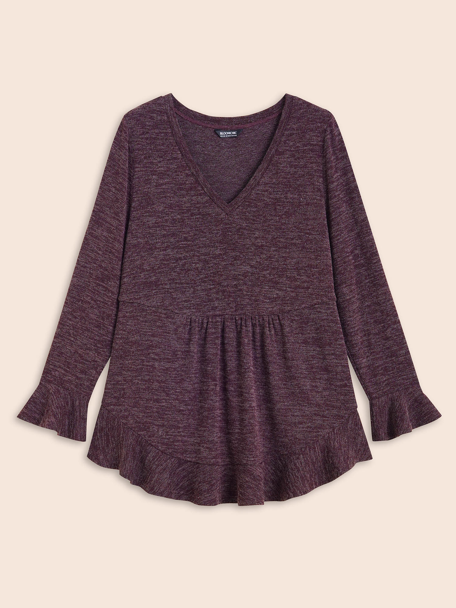 

Plus Size Heather Ruffle Sleeve Arc Hem Jersey Top Eggplant V-neck Extra Long Sleeve Casual Jersey Tops