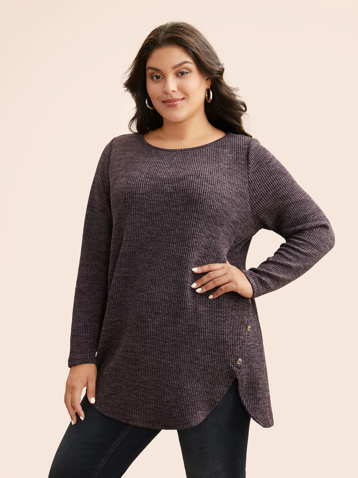 

Plus Size Textured Button Detail Curved Hem T-shirt Eggplant Women Casual Texture Boat Neck Loose Everyday T-shirts BloomChic