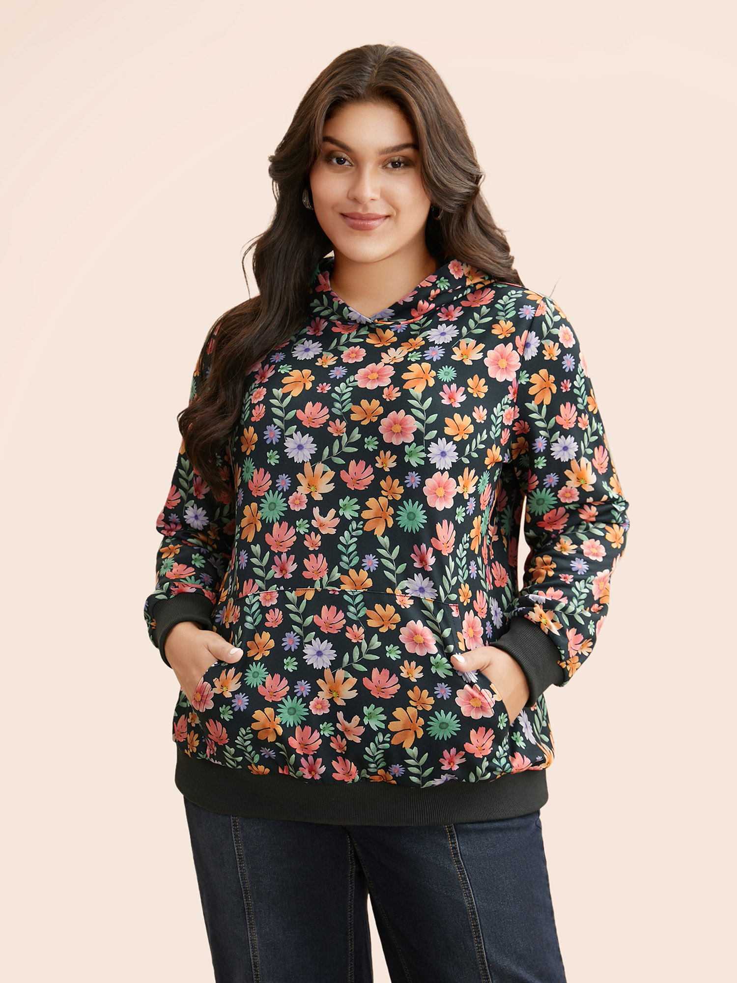 

Plus Size Floral Patchwork Pocket Hooded Sweatshirt Women Multicolor Casual Contrast Hooded Everyday Sweatshirts BloomChic