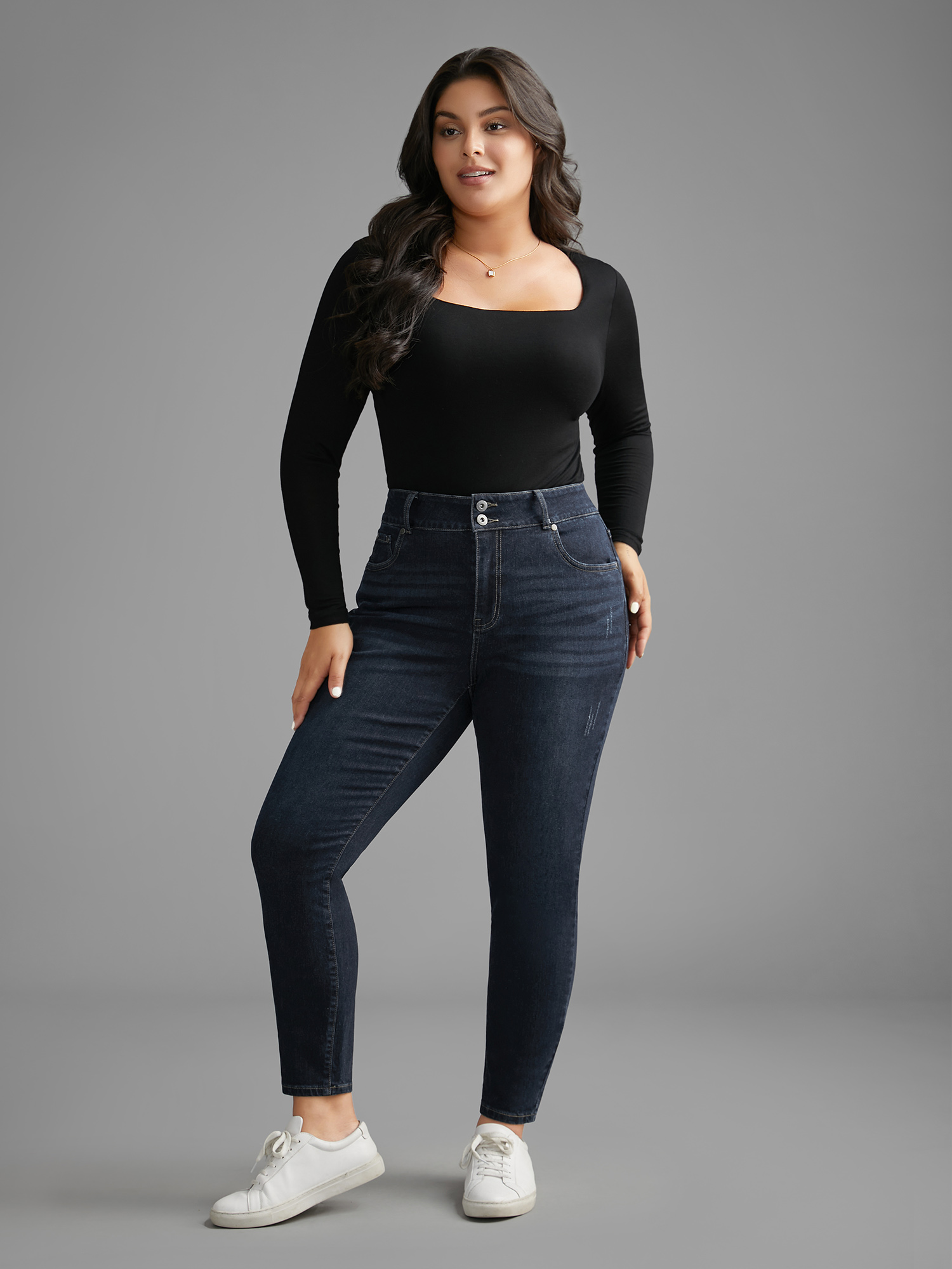 Plus Size Dark Wash Button Up Skinny Jeans Women Darkindigo Casual Button Medium stretch Slanted pocket Jeans BloomChic 12/L 