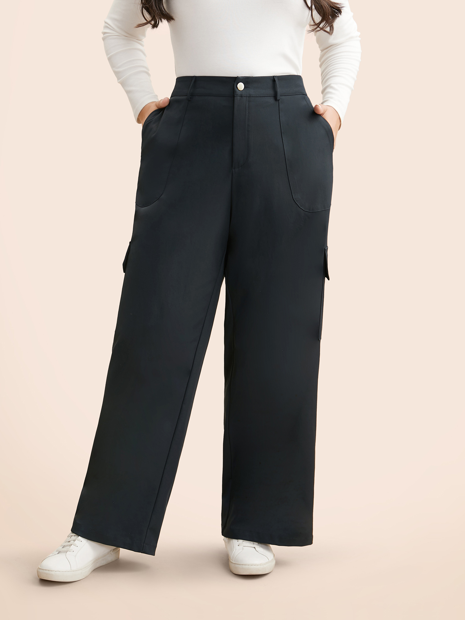 

Plus Size Mid Rise Patched Pocket Wide Leg Pants Women Indigo Casual Wide Leg Mid Rise Everyday Pants BloomChic