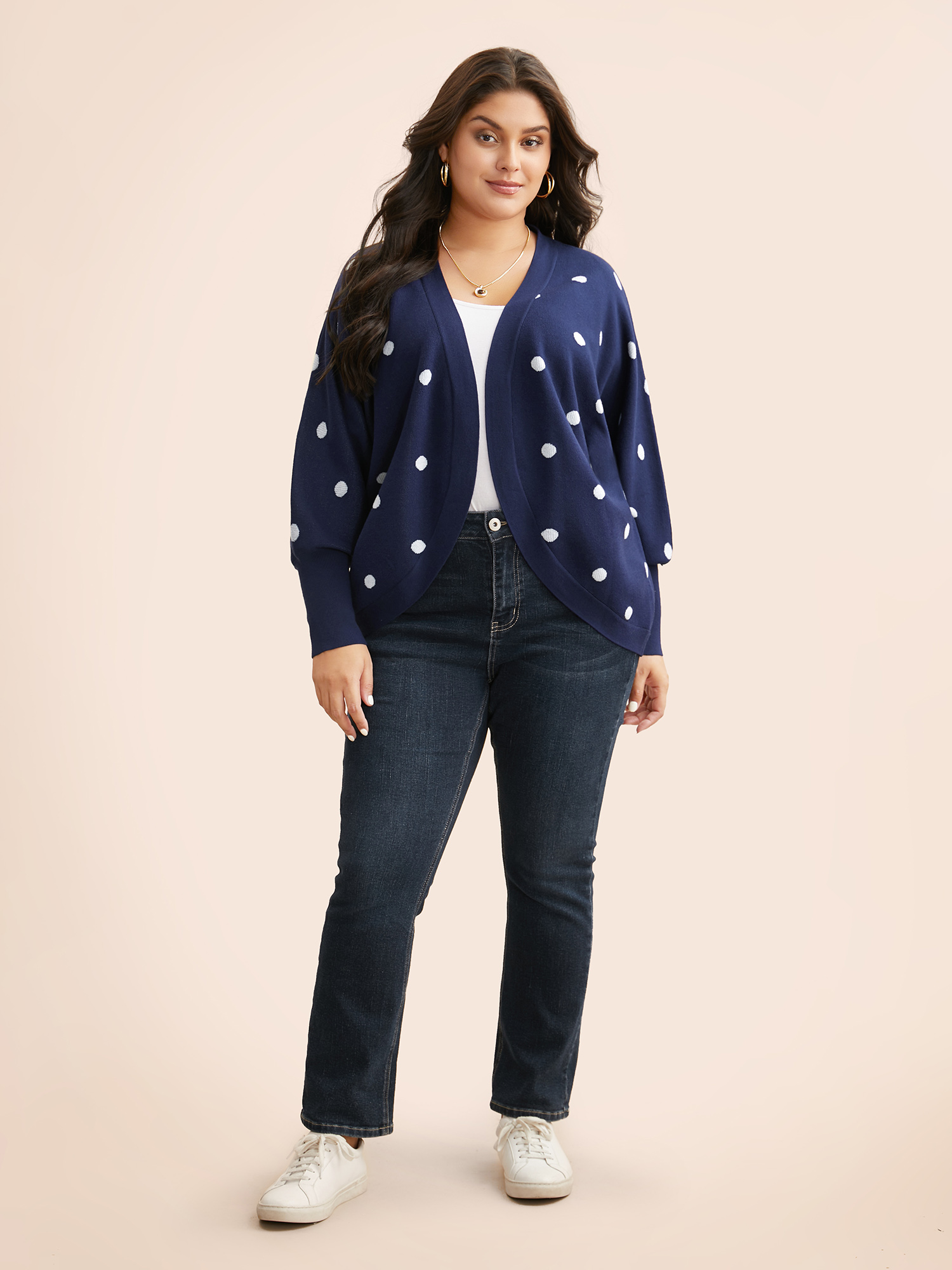 

Plus Size Polka Dot Curved Hem Dolman Sleeve Cardigan Indigo Women Casual Loose Long Sleeve Everyday Cardigans BloomChic