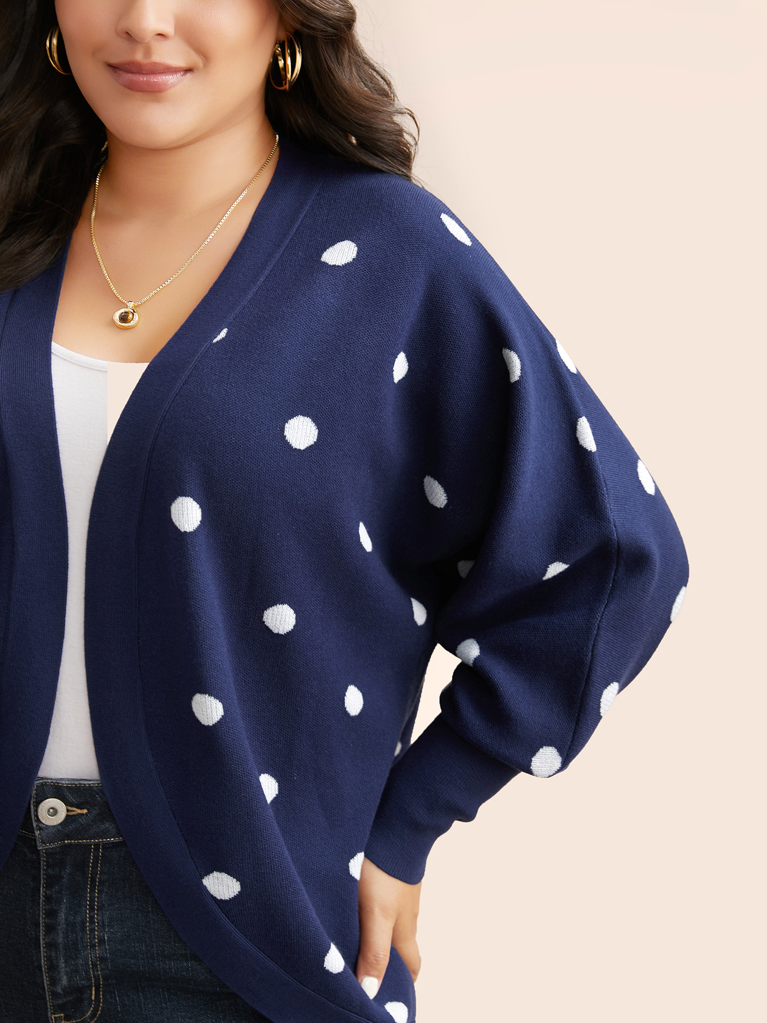 

Plus Size Polka Dot Curved Hem Dolman Sleeve Cardigan Indigo Women Casual Loose Long Sleeve Everyday Cardigans BloomChic