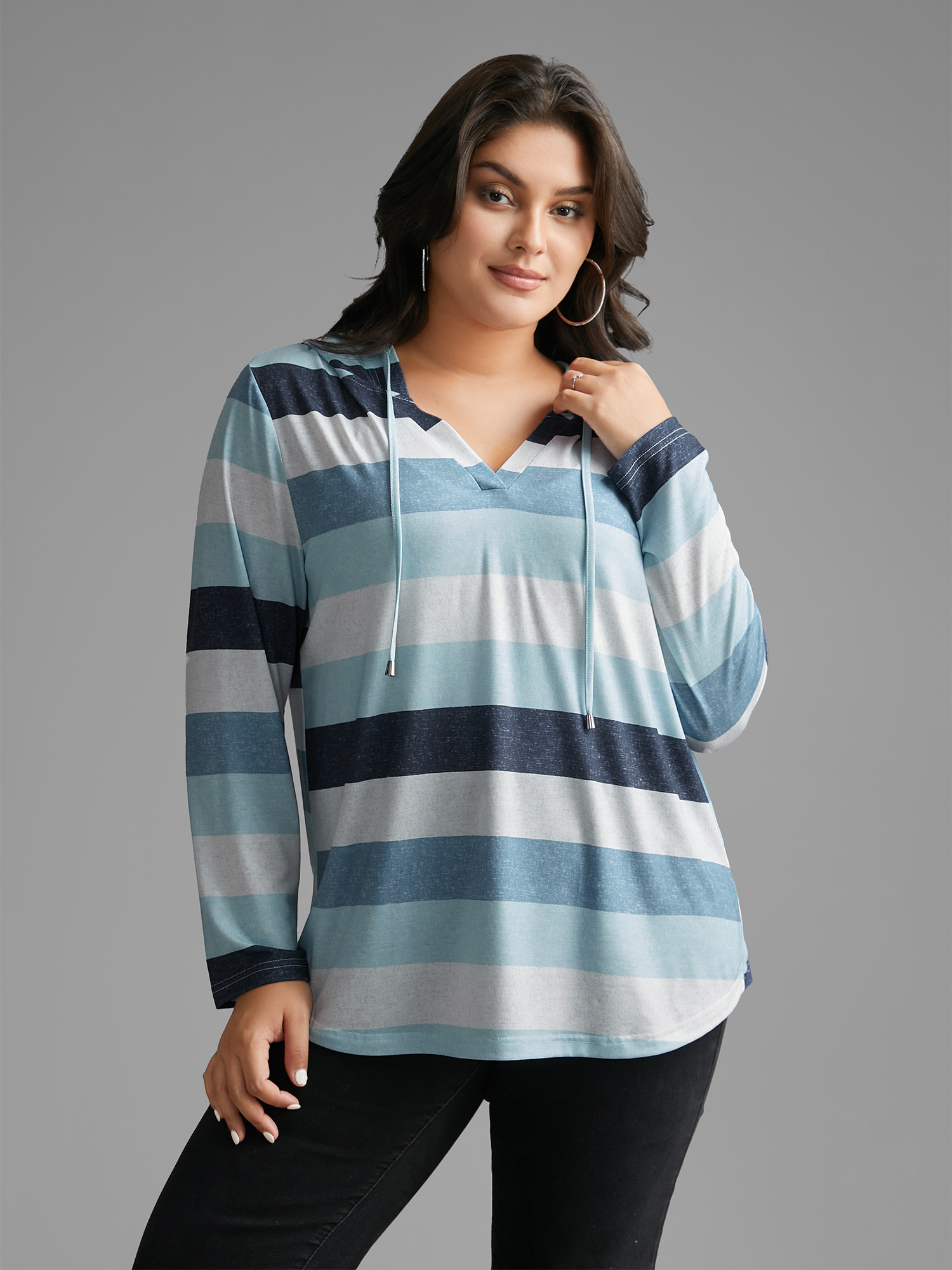 

Plus Size Contrast Striped Hooded Drawstring T-shirt Aegean Women Casual Drawstring Hooded Everyday T-shirts BloomChic