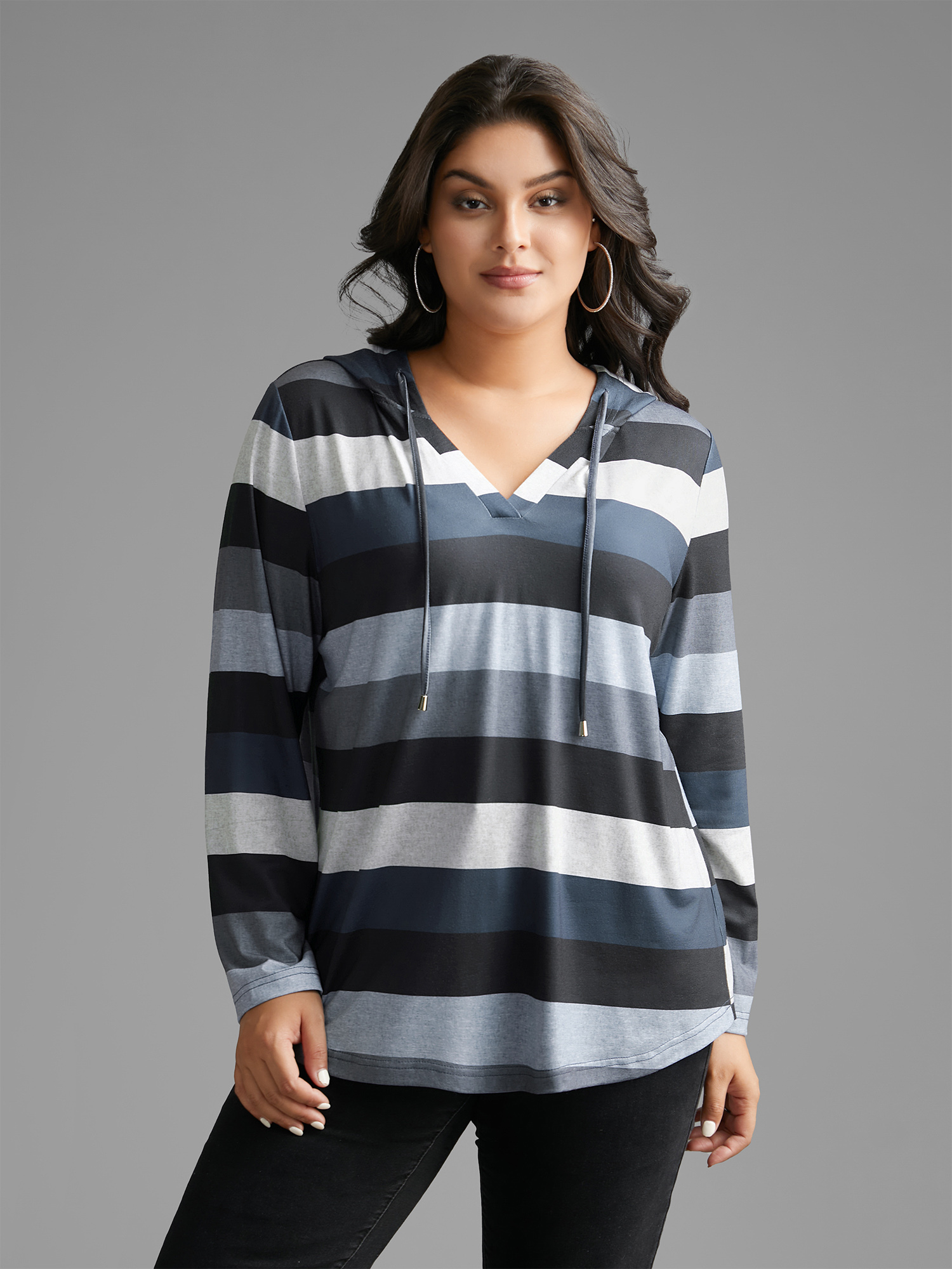 

Plus Size Contrast Striped Hooded Drawstring T-shirt Black Women Casual Drawstring Hooded Everyday T-shirts BloomChic