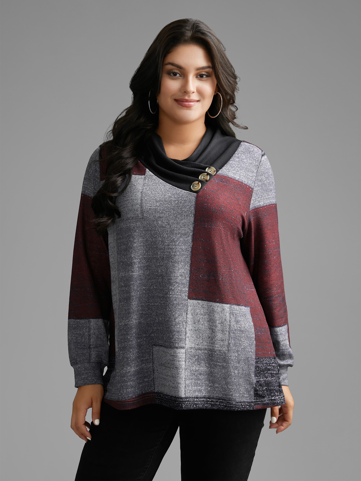 

Plus Size Asymmetrical Colorblock Button Detail Pleated T-shirt Burgundy Overlap Collar Long Sleeve Casual Jersey Tops