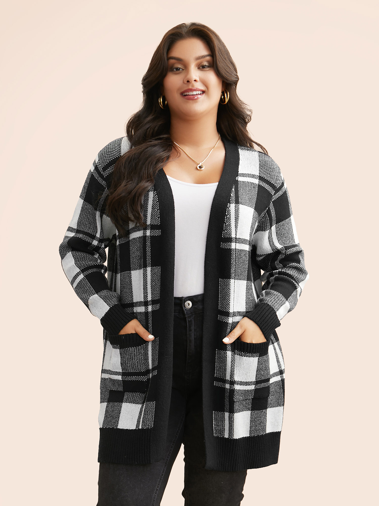 

Plus Size Kimono Collar Plaid Slit Hem Cardigan Black Women Casual Loose Long Sleeve Everyday Cardigans BloomChic