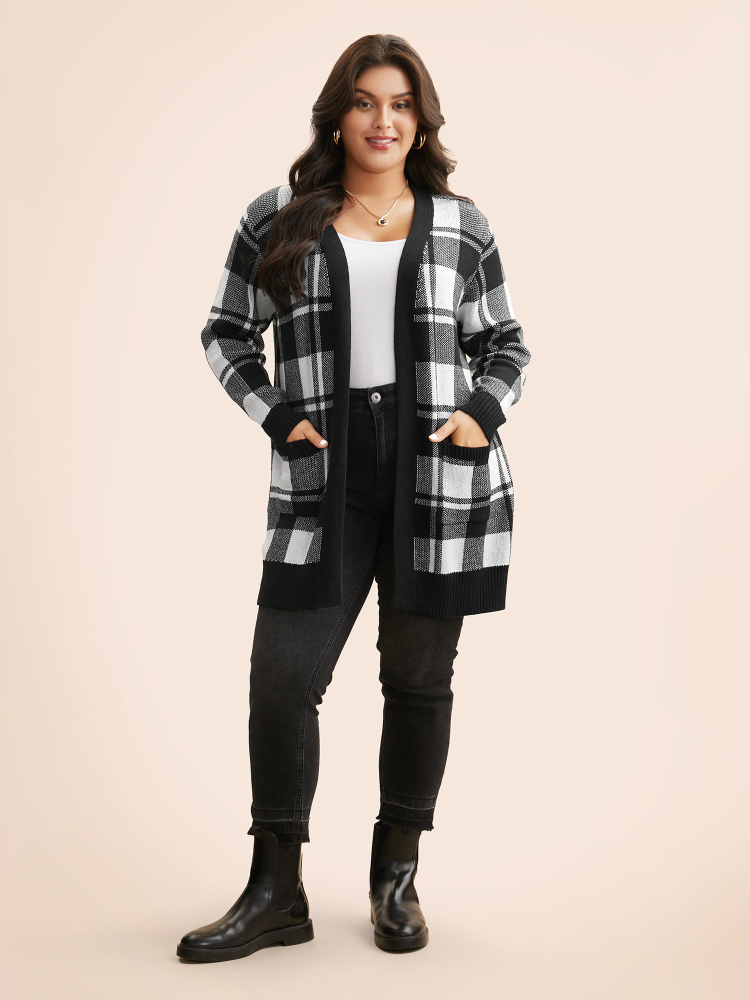 Plus Size Kimono Collar Plaid Slit Hem Cardigan Black Women Casual Loose Long Sleeve Everyday Cardigans BloomChic 26/4X 