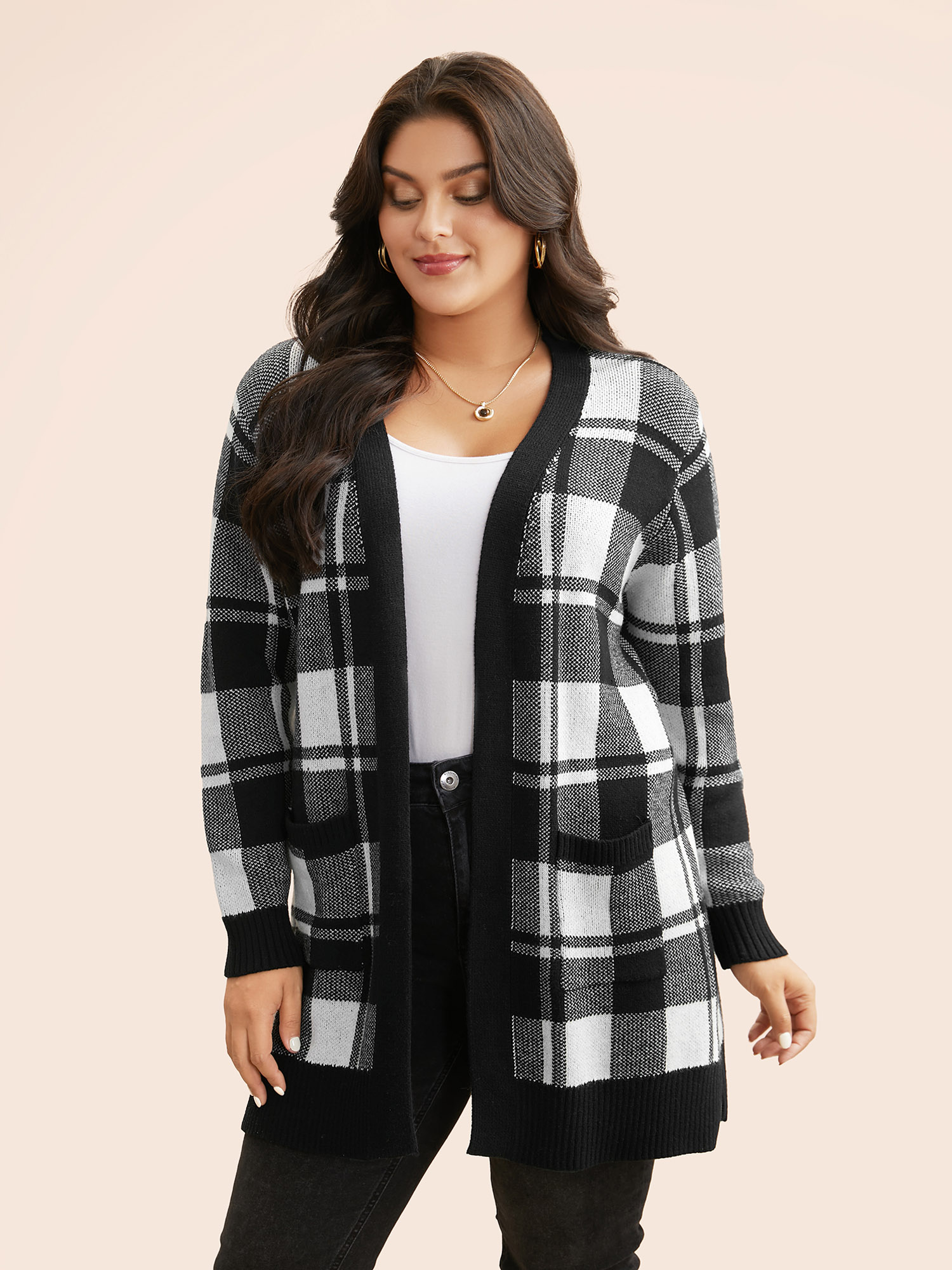 Plus Size Kimono Collar Plaid Slit Hem Cardigan Black Women Casual Loose Long Sleeve Everyday Cardigans BloomChic 26/4X 