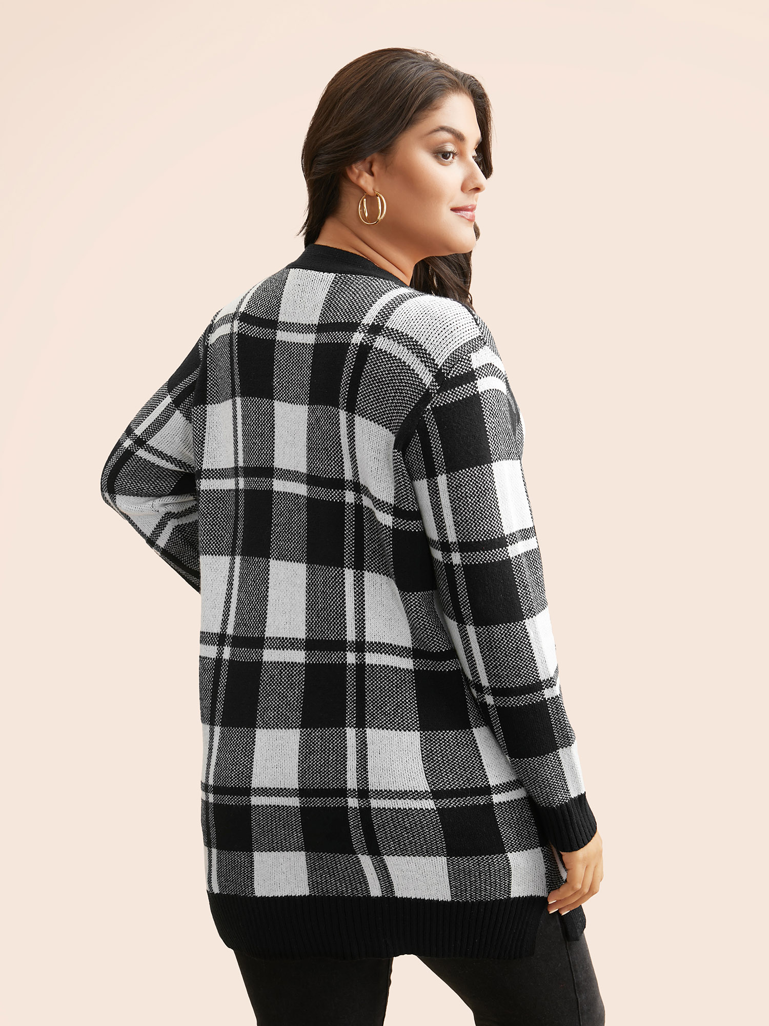 Plus Size Kimono Collar Plaid Slit Hem Cardigan Black Women Casual Loose Long Sleeve Everyday Cardigans BloomChic 26/4X 