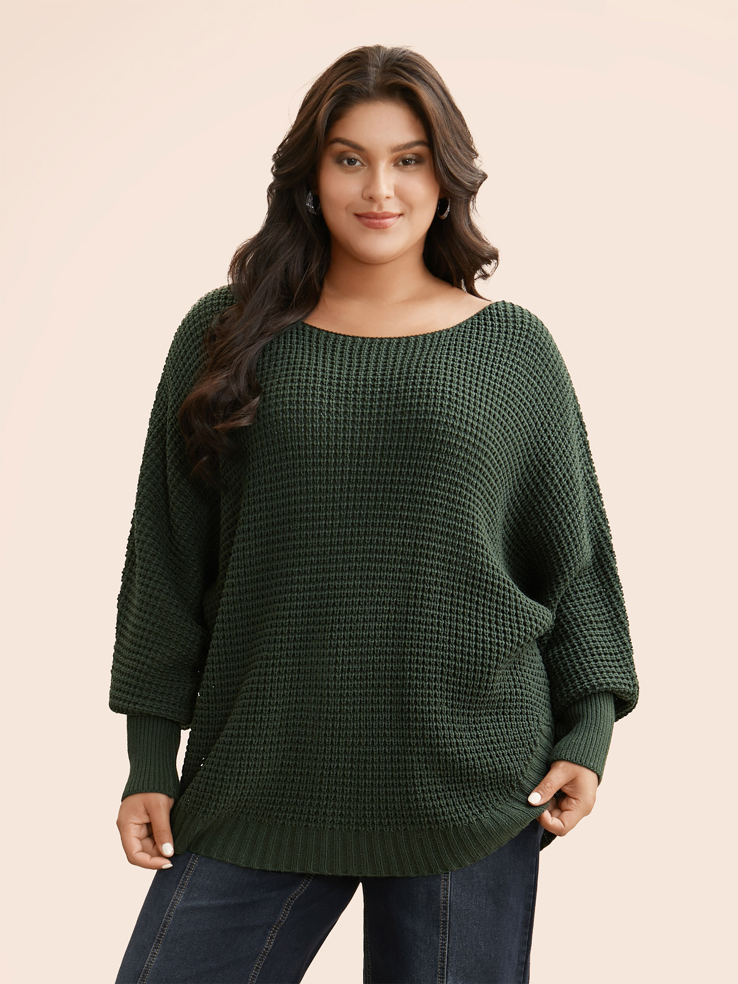 

Plus Size Texture Boat Neck Dolman Sleeve Pullover ArmyGreen Women Casual Loose Long Sleeve Boat Neck Everyday Pullovers BloomChic