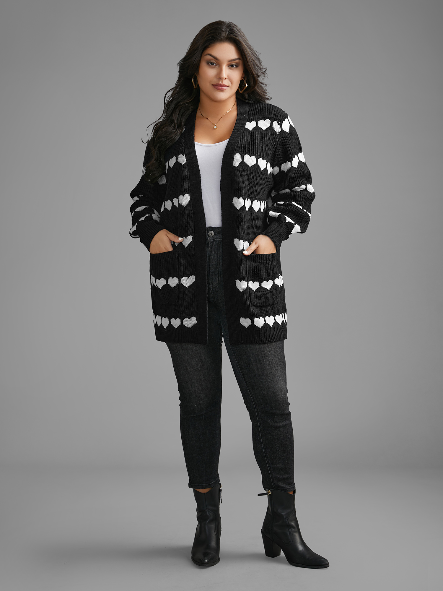 Plus Size Heart Pattern Jacquard Patch Pocket Cardigan Black Women Casual Loose Long Sleeve Everyday Cardigans BloomChic 10/M 