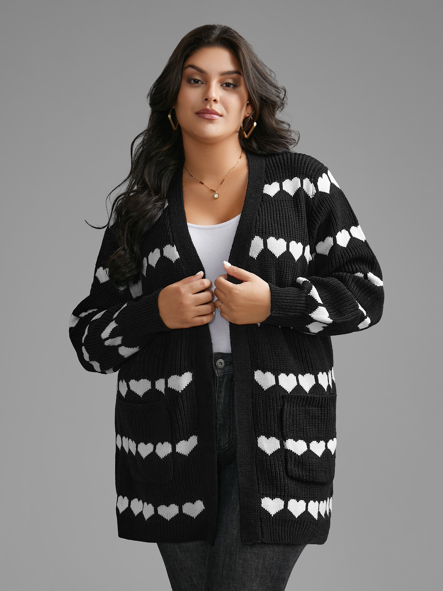 Plus Size Heart Pattern Jacquard Patch Pocket Cardigan Black Women Casual Loose Long Sleeve Everyday Cardigans BloomChic 10/M 