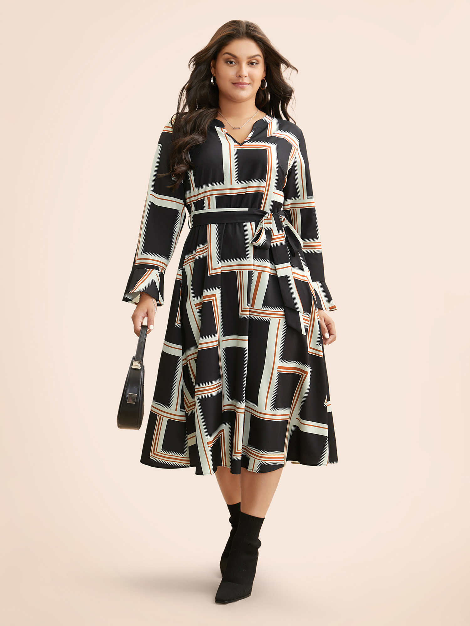 

Plus Size Notched Collar Geometric Contrast Belted Dress Indigo Women At the Office Belted Notched collar Long Sleeve Curvy BloomChic