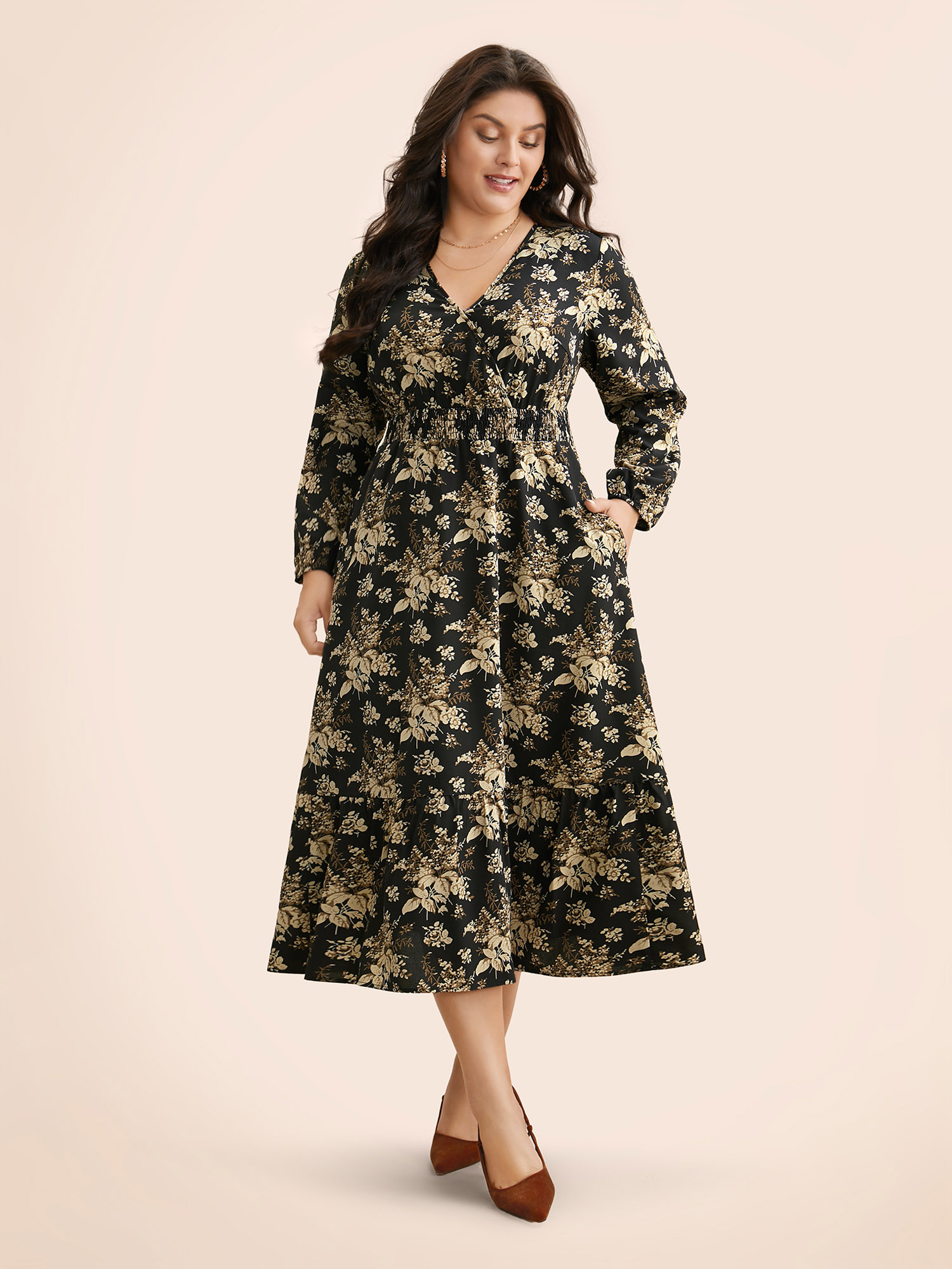 

Plus Size Floral Overlap Collar Shirred Midi Dress BlackFlower Women Elegant Shirred Overlap Collar Long Sleeve Curvy BloomChic