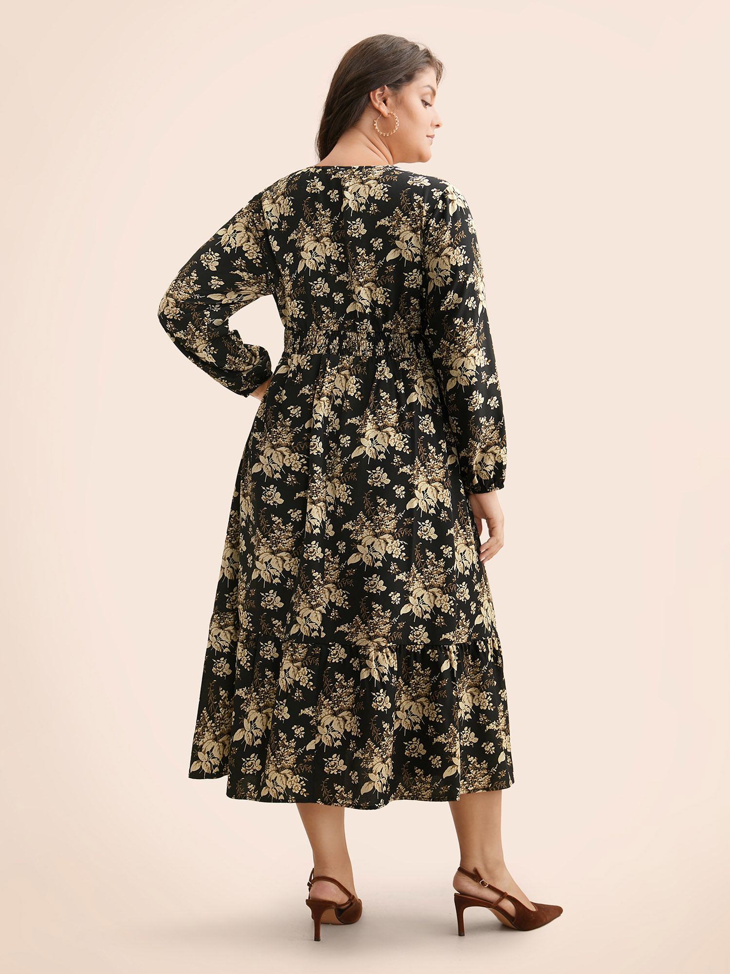 

Plus Size Floral Overlap Collar Shirred Midi Dress BlackFlower Women Elegant Shirred Overlap Collar Long Sleeve Curvy BloomChic