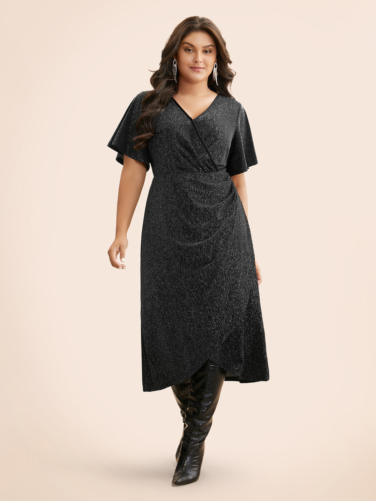 

Plus Size Luxe Overlap Collar Ruffle Sleeve Dress Pureblack Women Cocktail Overlapping Party Curvy Bloomchic