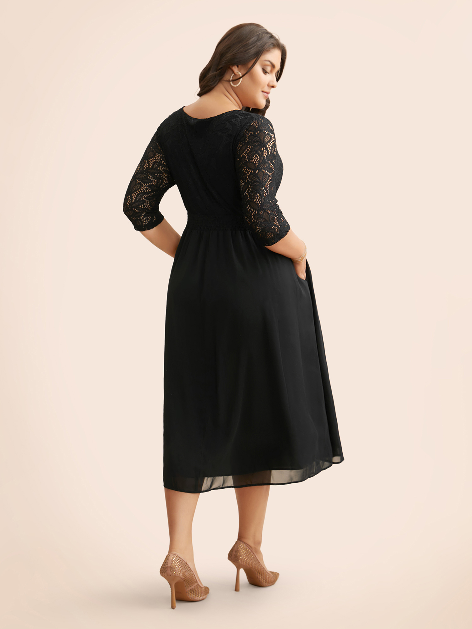 

Plus Size Crochet Lace Mesh Ruffle Sleeve Dress Black Women Cocktail Woven ribbon&lace trim Round Neck Elbow-length sleeve Curvy BloomChic