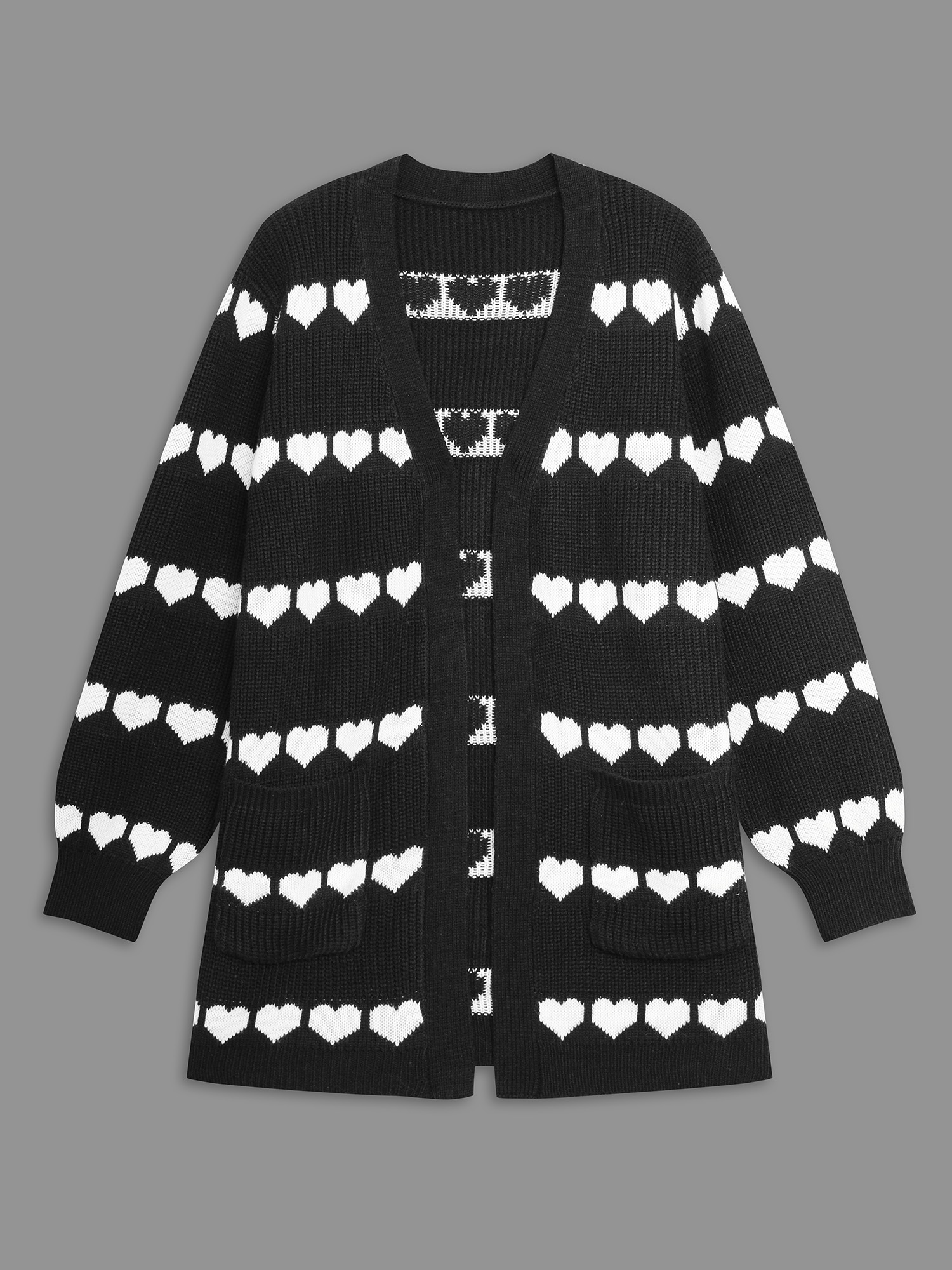 Plus Size Heart Pattern Jacquard Patch Pocket Cardigan Black Women Casual Loose Long Sleeve Everyday Cardigans BloomChic 10/M 