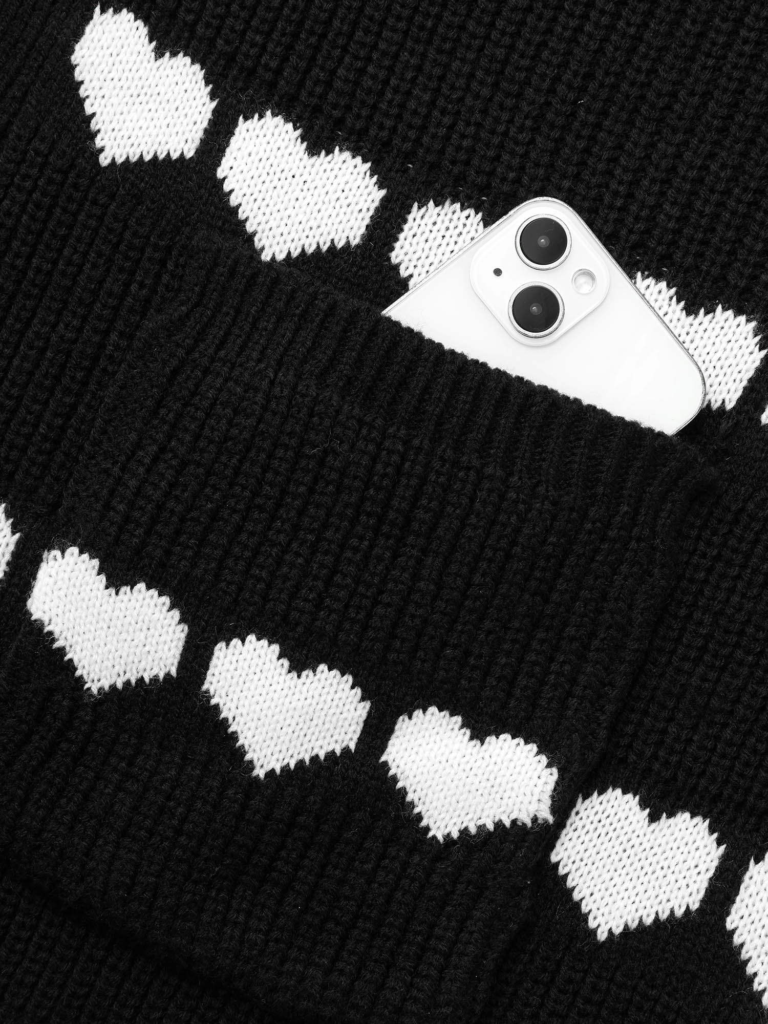 Plus Size Heart Pattern Jacquard Patch Pocket Cardigan Black Women Casual Loose Long Sleeve Everyday Cardigans BloomChic 10/M 