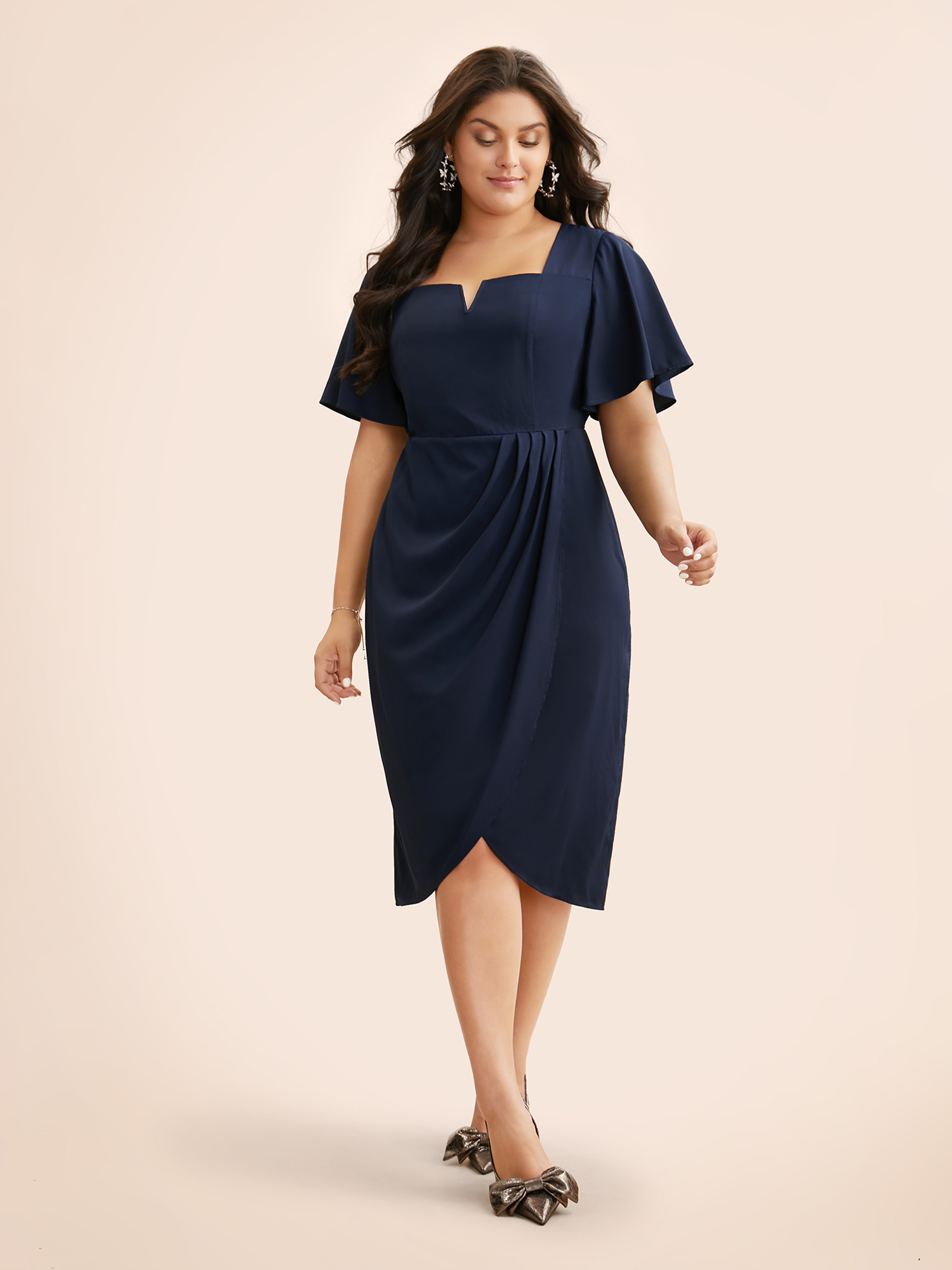 

Plus Size Notched Collar Pleated Ruffle Sleeve Dress DarkBlue Women Cocktail Overlapping Party Curvy Bloomchic