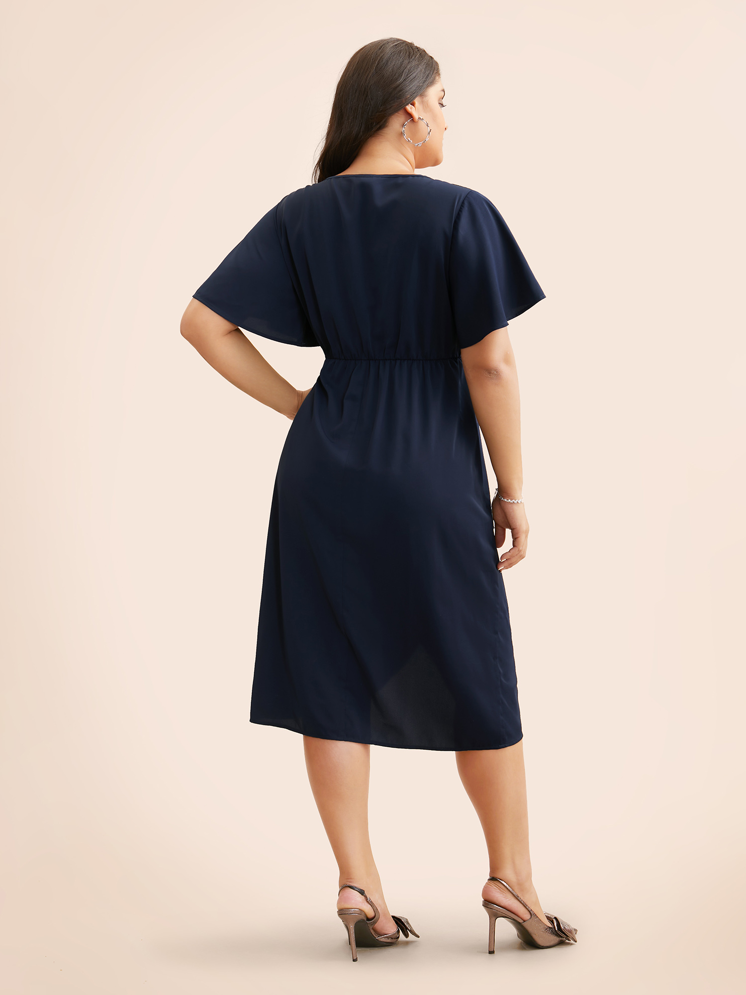 

Plus Size Notched Collar Pleated Ruffle Sleeve Dress DarkBlue Women Cocktail Overlapping Party Curvy Bloomchic